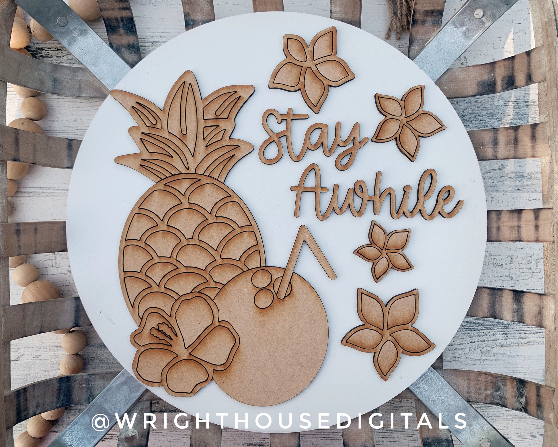 Stay Awhile Tropical Floral Summer Door Hanger Round - Sign Making and DIY Kits - Cut File For Glowforge Lasers - Digital SVG File