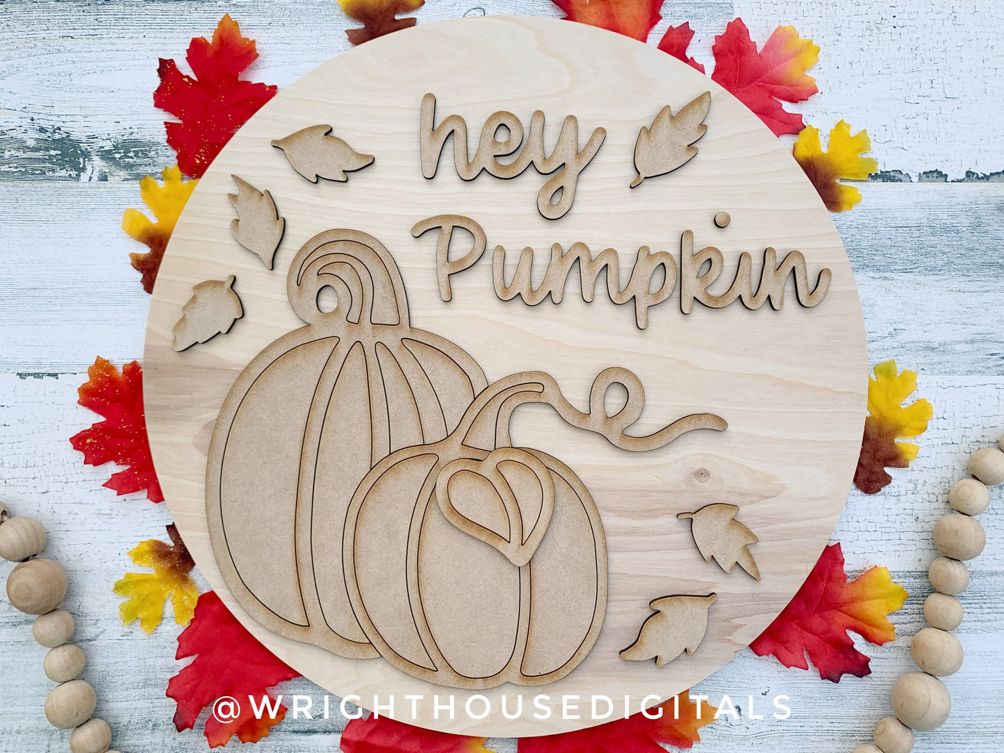 Hey Pumpkin Leafy Autumn Door Hanger Round - Seasonal Sign Making and DIY Kits - Cut File For Glowforge Lasers - Digital SVG File