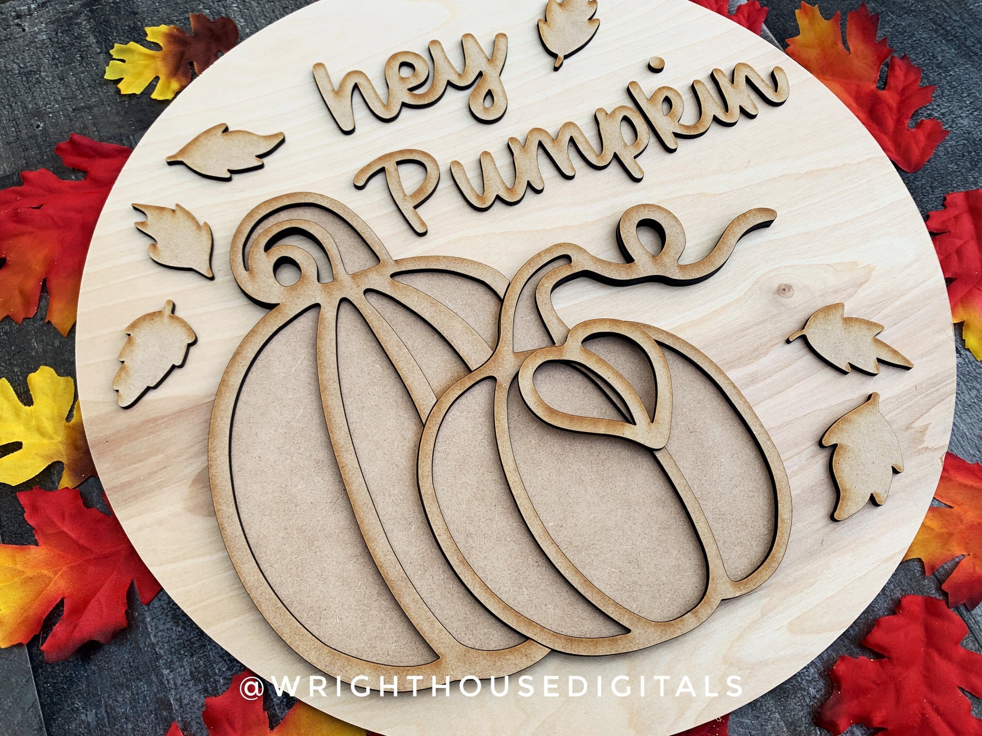 Hey Pumpkin Leafy Autumn Door Hanger Round - Seasonal Sign Making and DIY Kits - Cut File For Glowforge Lasers - Digital SVG File