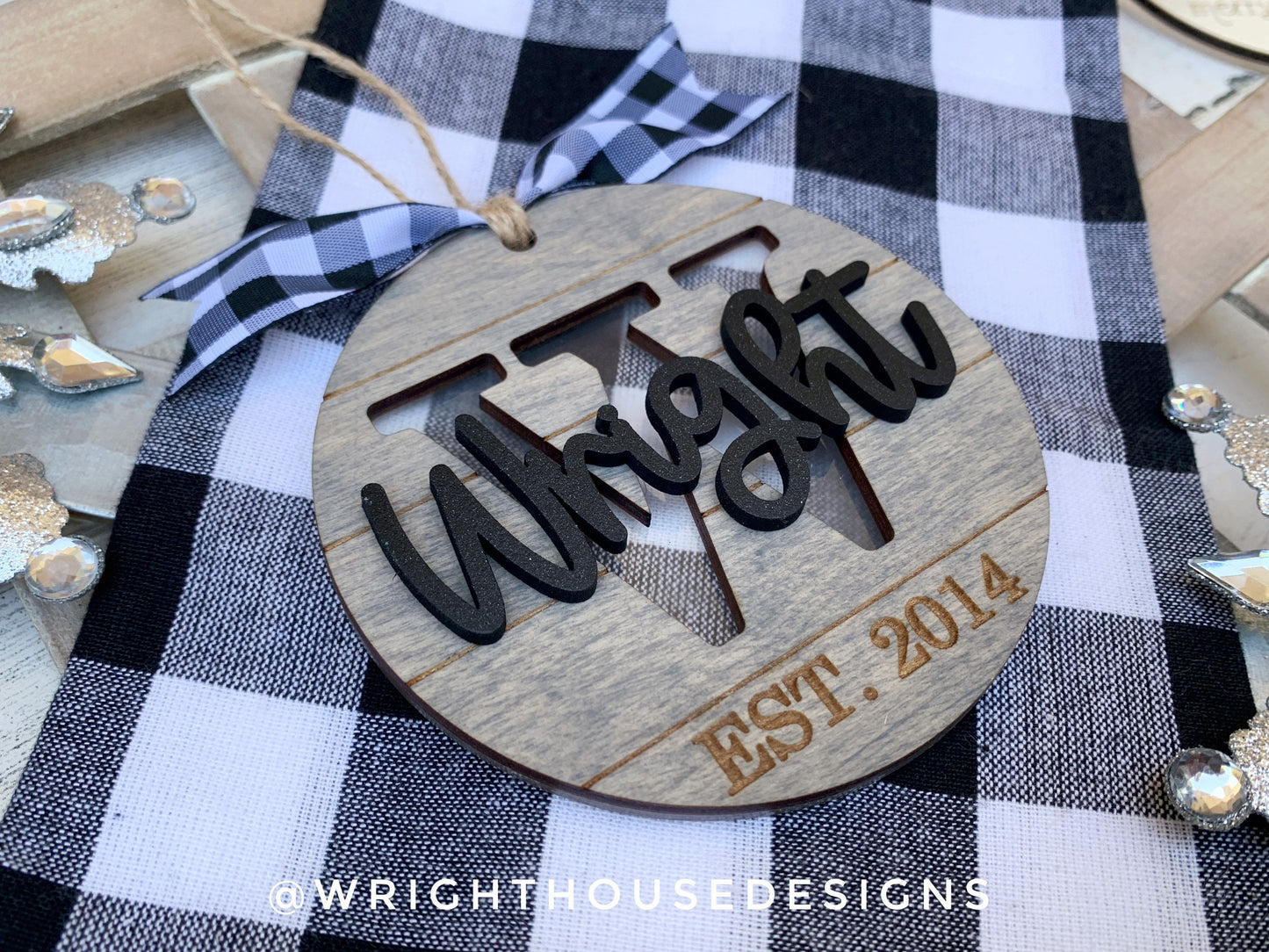 Personalized Monogram - Established Farmhouse Christmas Tree Ornament - Stained Wood - Acrylic - Shiplap Stocking Tag - Holiday Decor