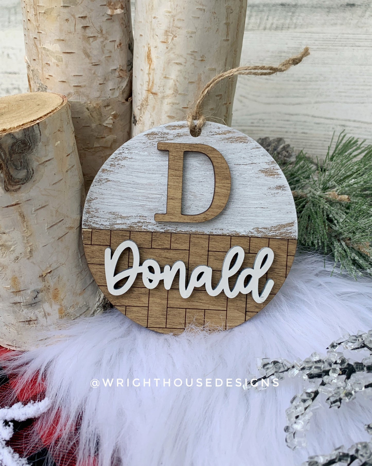 Personalized Name and Monogram - Pattern Farmhouse Christmas Tree Ornament - Stained Wood - Stocking and Gift Tags - Holiday Decor