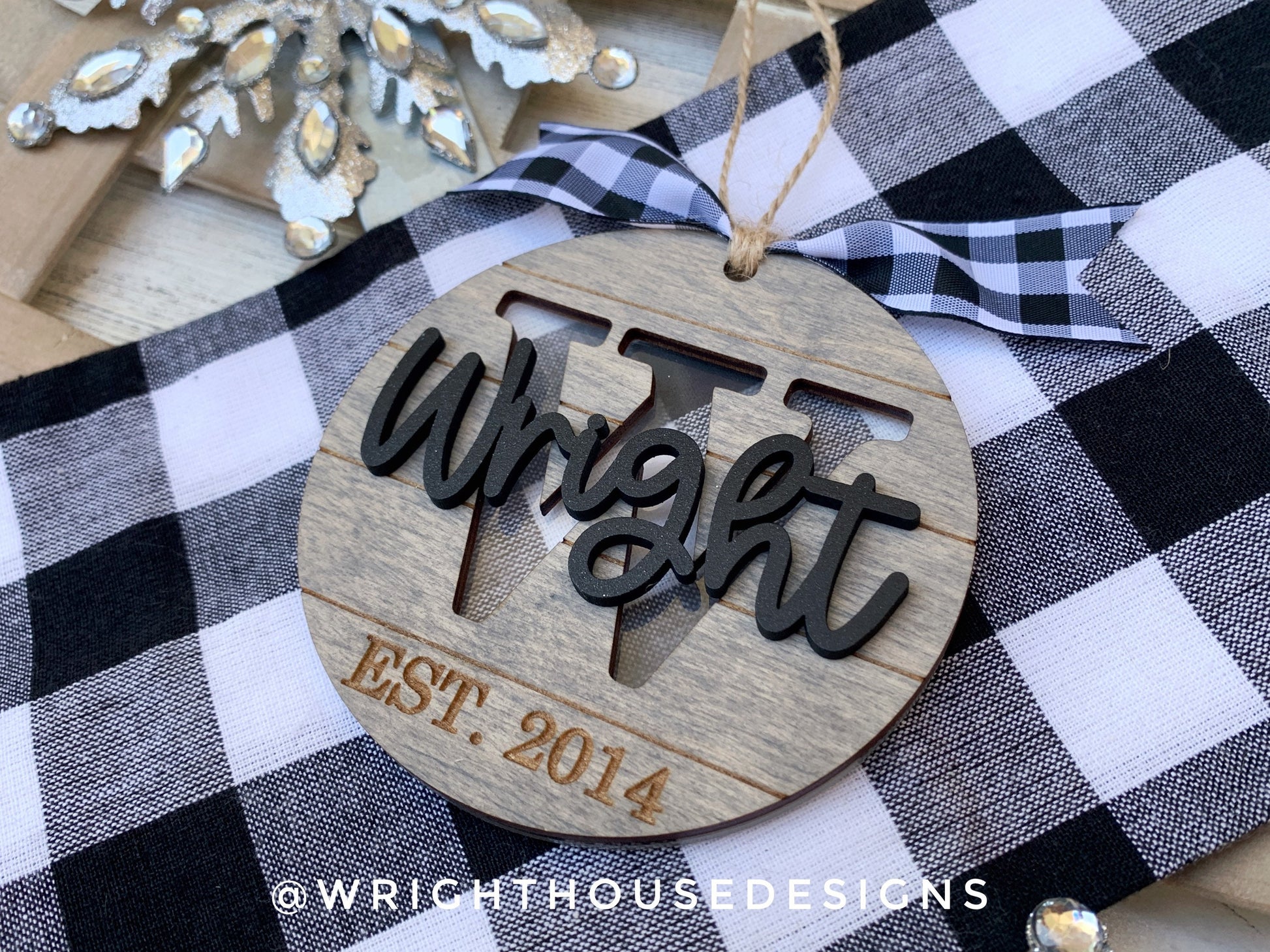 Personalized Monogram - Established Farmhouse Christmas Tree Ornament - Stained Wood - Acrylic - Shiplap Stocking Tag - Holiday Decor