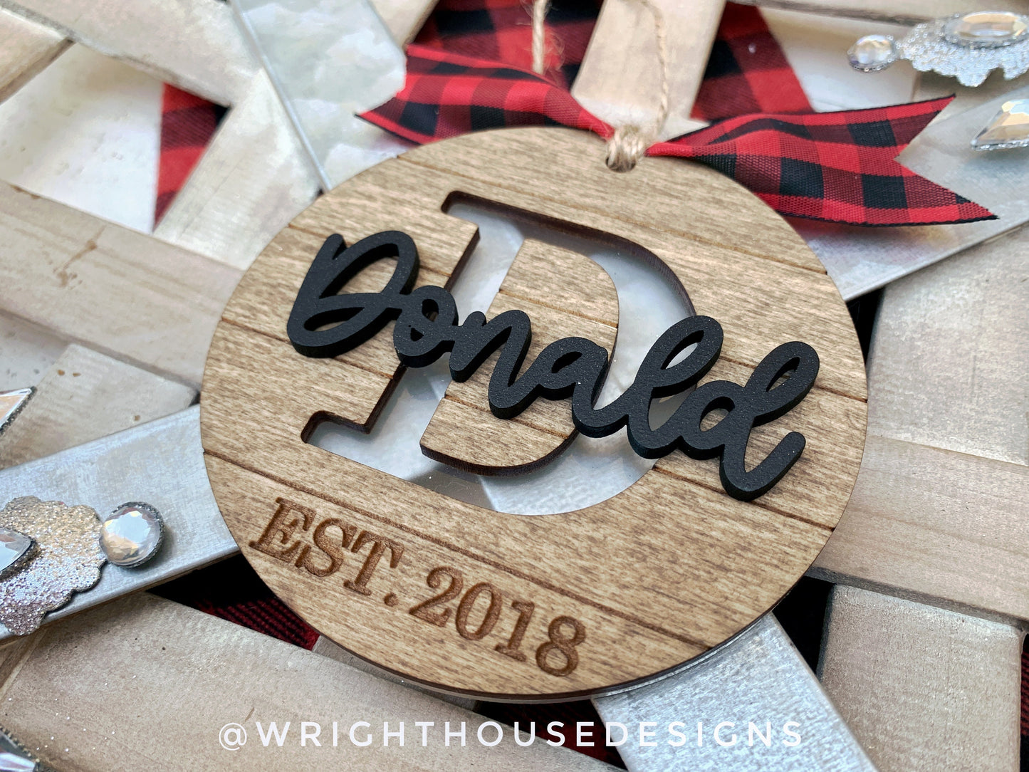 Personalized Monogram - Established Farmhouse Christmas Tree Ornament - Stained Wood - Acrylic - Shiplap Stocking Tag - Holiday Decor