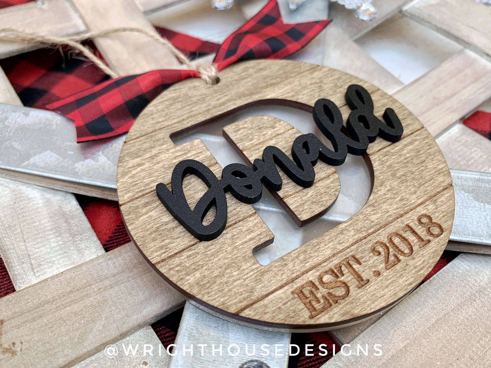 Personalized Monogram - Established Farmhouse Christmas Tree Ornament - Stained Wood - Acrylic - Shiplap Stocking Tag - Holiday Decor