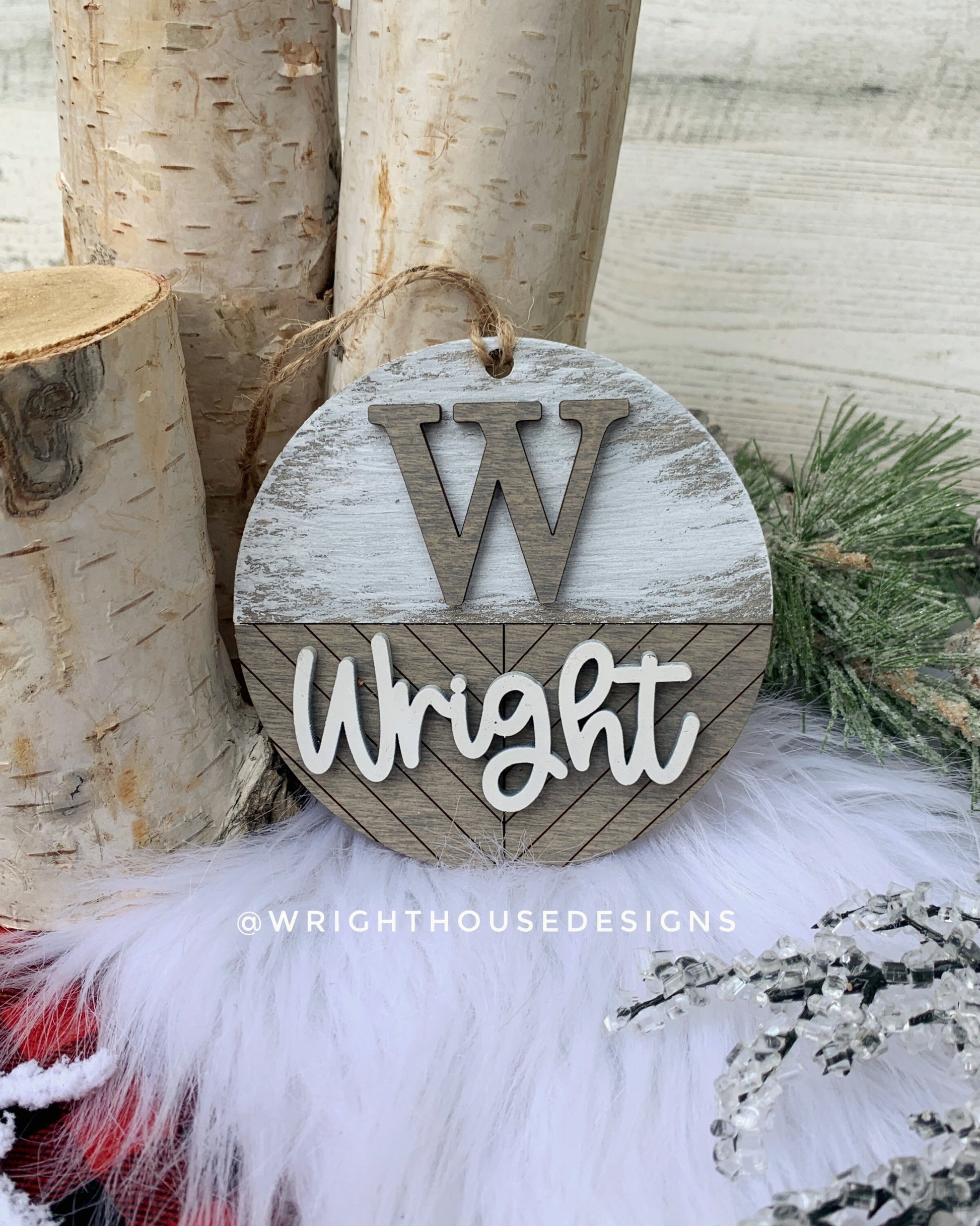 Personalized Name and Monogram - Pattern Farmhouse Christmas Tree Ornament - Stained Wood - Stocking and Gift Tags - Holiday Decor