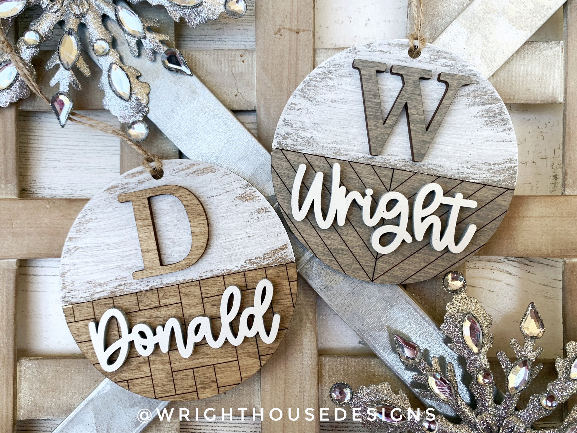 Personalized Name and Monogram - Pattern Farmhouse Christmas Tree Ornament - Stained Wood - Stocking and Gift Tags - Holiday Decor