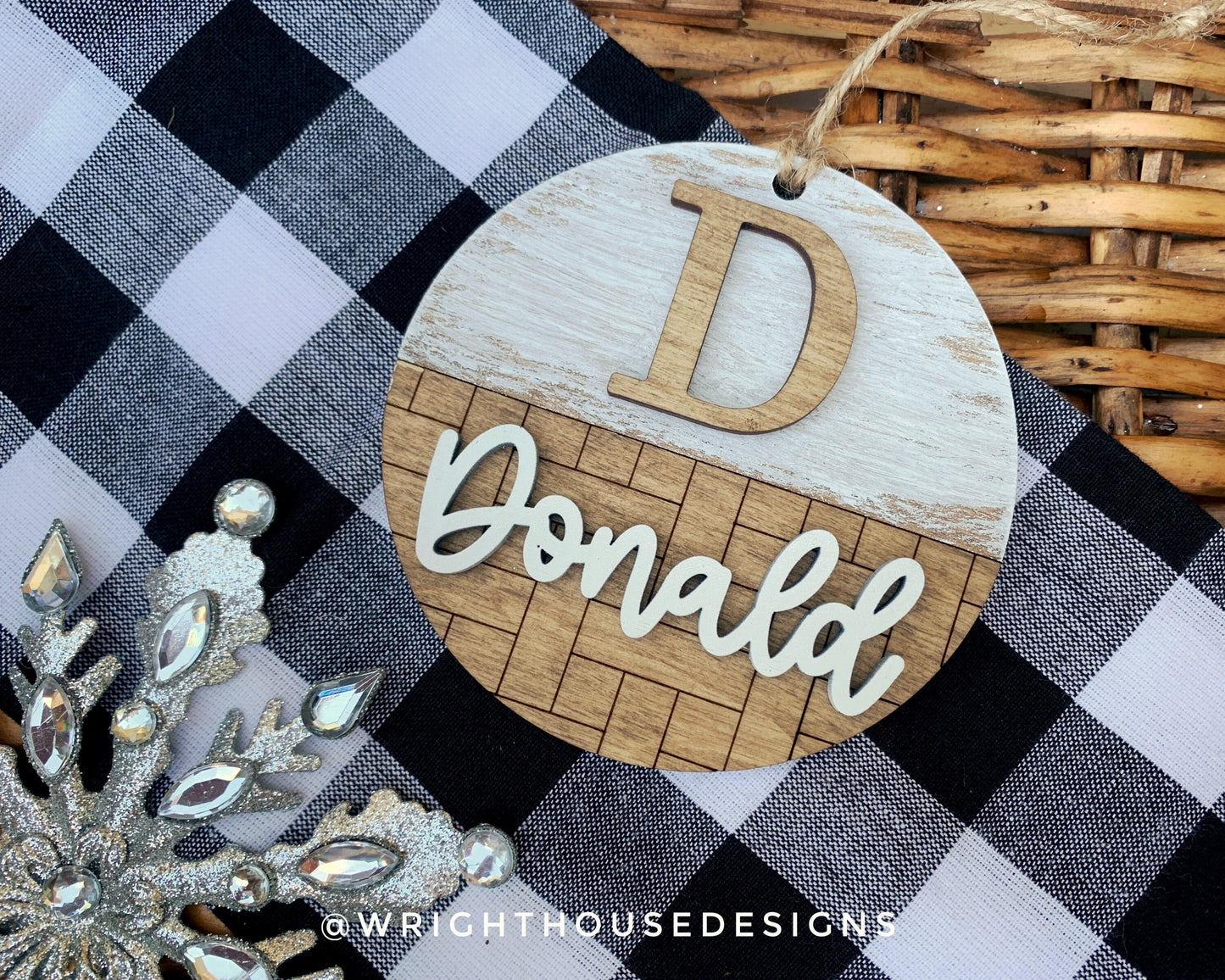 Personalized Name and Monogram - Pattern Farmhouse Christmas Tree Ornament - Stained Wood - Stocking and Gift Tags - Holiday Decor