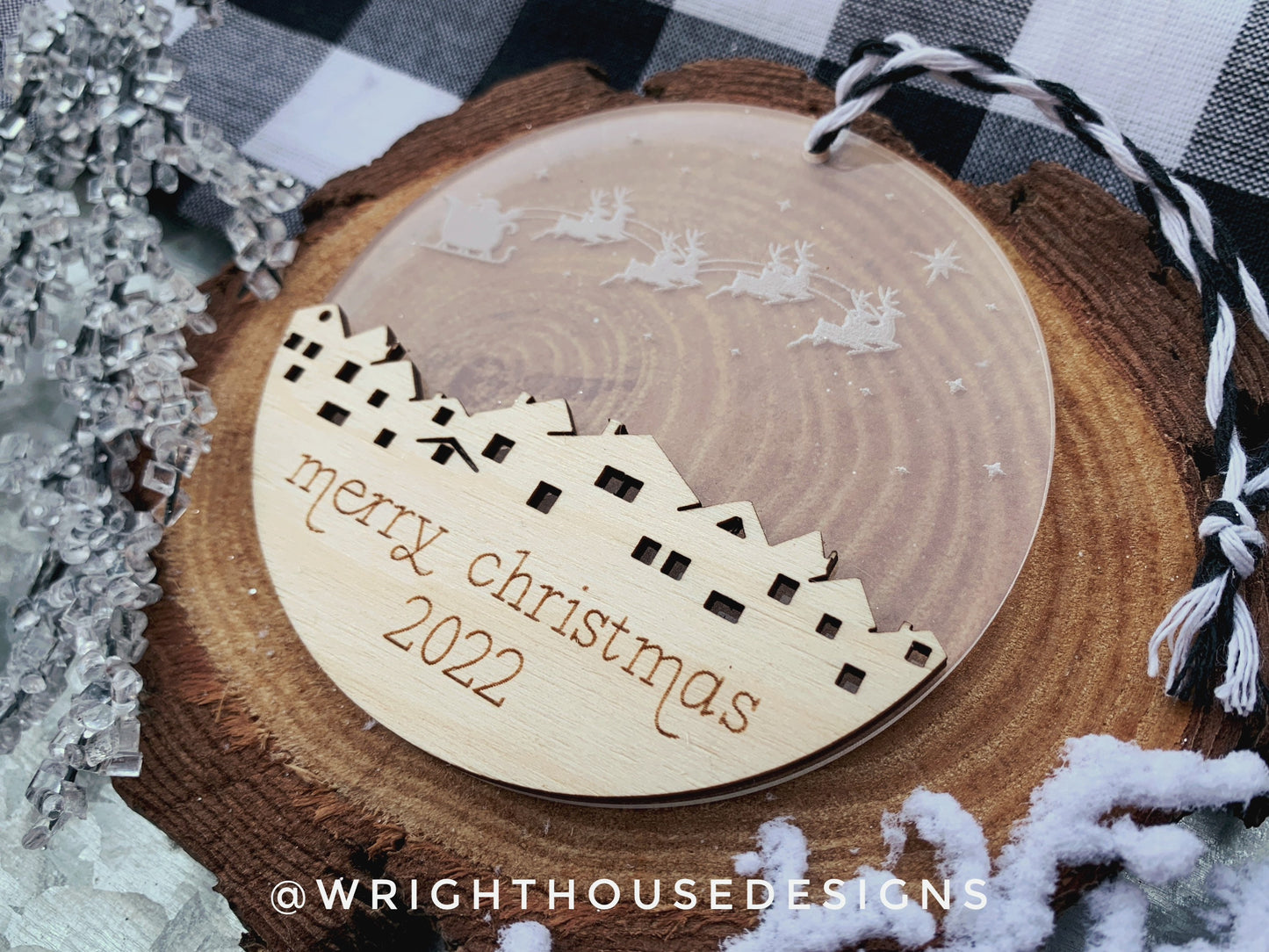 Santa’s Sleigh - Cityscape Winter Sky Scene - Yearly Christmas Eve Tree Ornament - Layered Wood and Acrylic - Stocking Tag - Holiday Decor