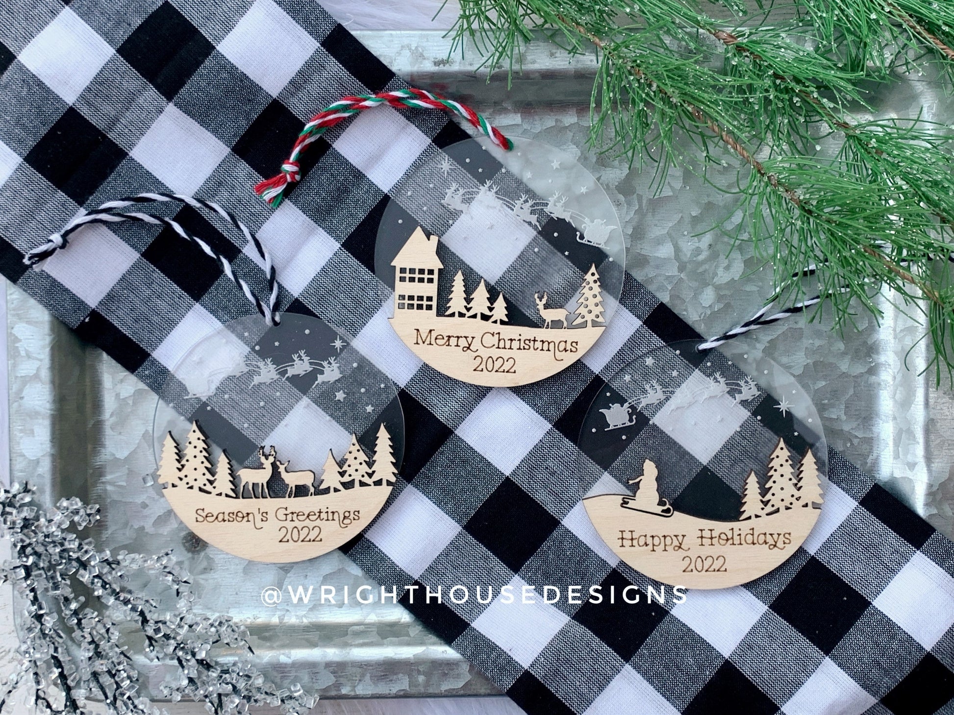 Santa's Sleigh Winter Layered Christmas Ornament Set - Engraved Personalized Christmas Ornaments - Cut File For Glowforge - Digital SVG File