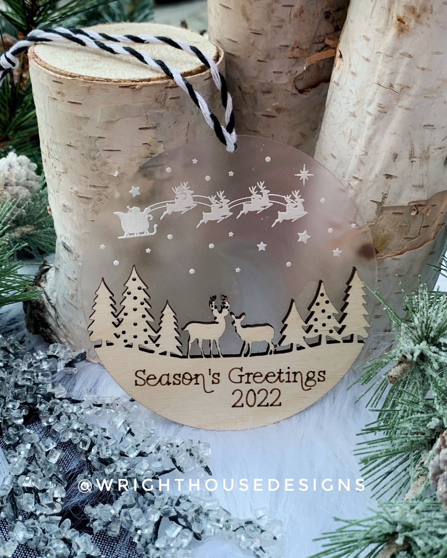 Santa’s Sleigh - Winter Woodland Deer Scene - Yearly Christmas Eve Tree Ornament - Layered Wood and Acrylic - Stocking Tag - Holiday Decor