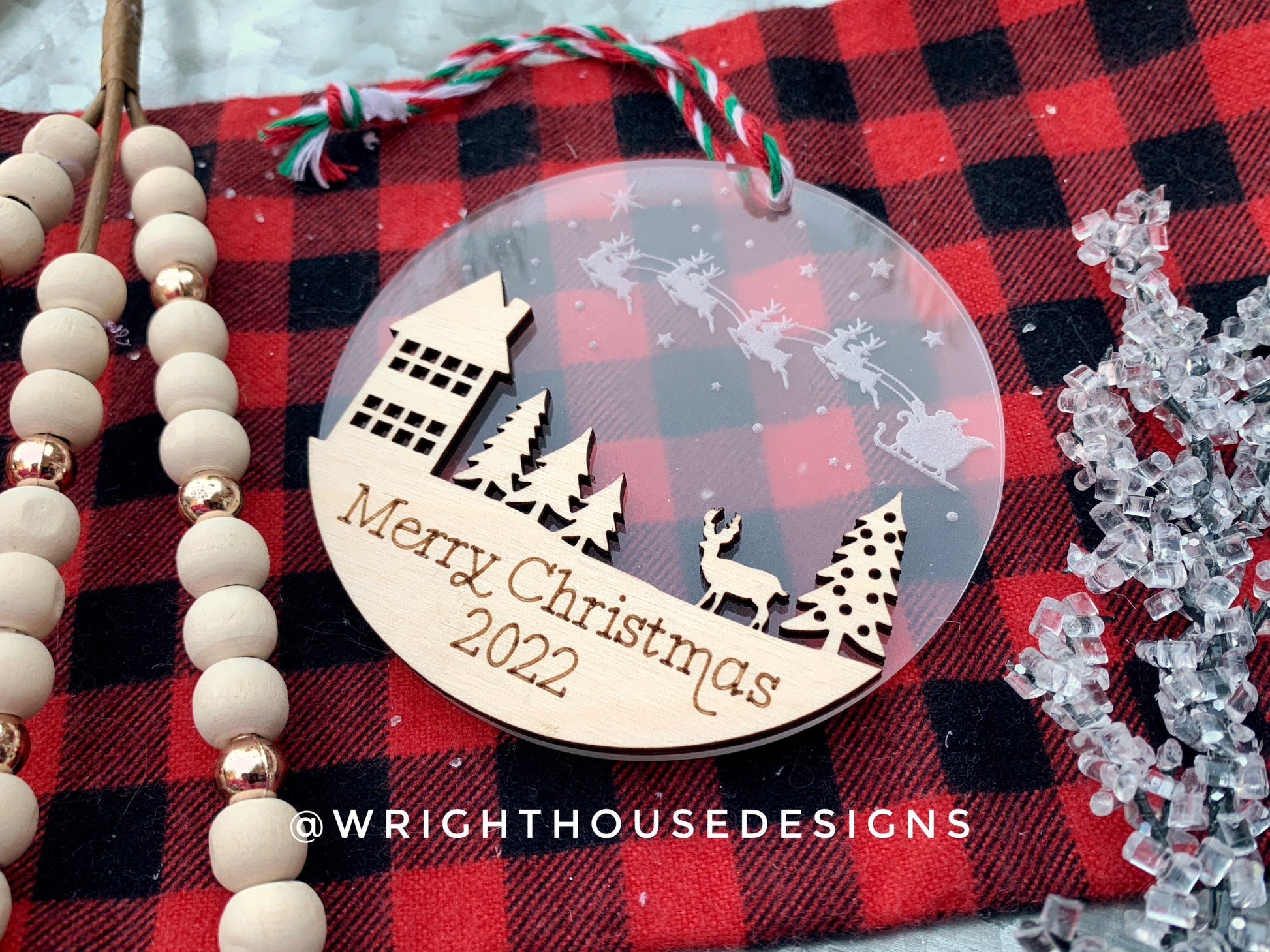 Santa’s Sleigh - Wooded Winter Cabin Scene - Yearly Christmas Eve Tree Ornament - Layered Wood and Acrylic - Stocking Tag - Holiday Decor