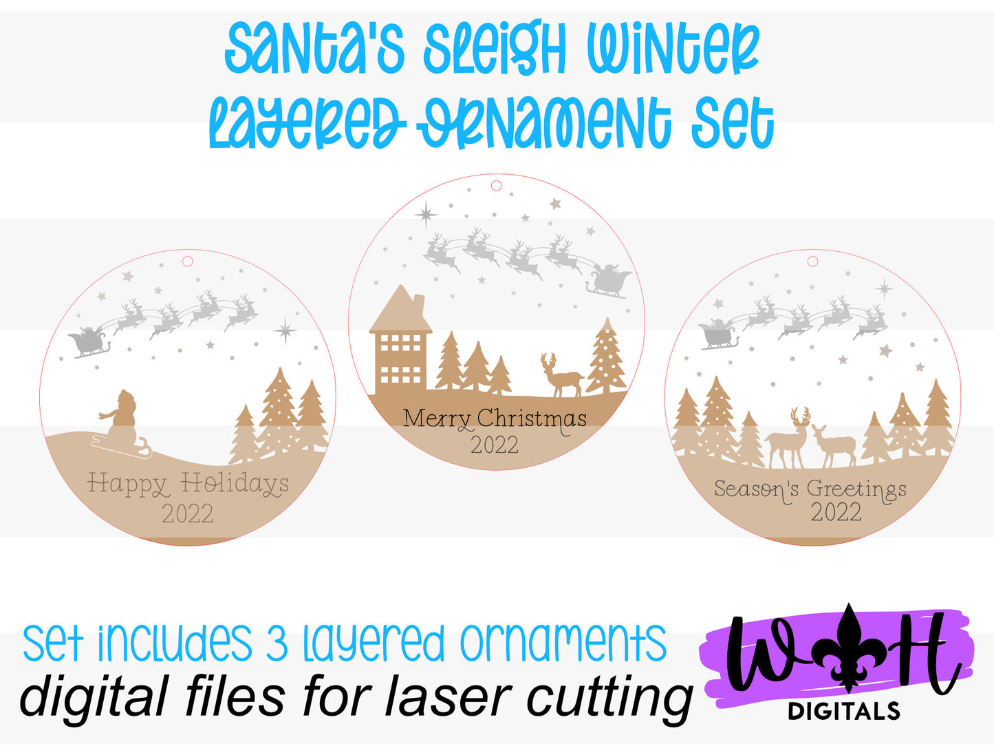 Santa's Sleigh Winter Layered Christmas Ornament Set - Engraved Personalized Christmas Ornaments - Cut File For Glowforge - Digital SVG File