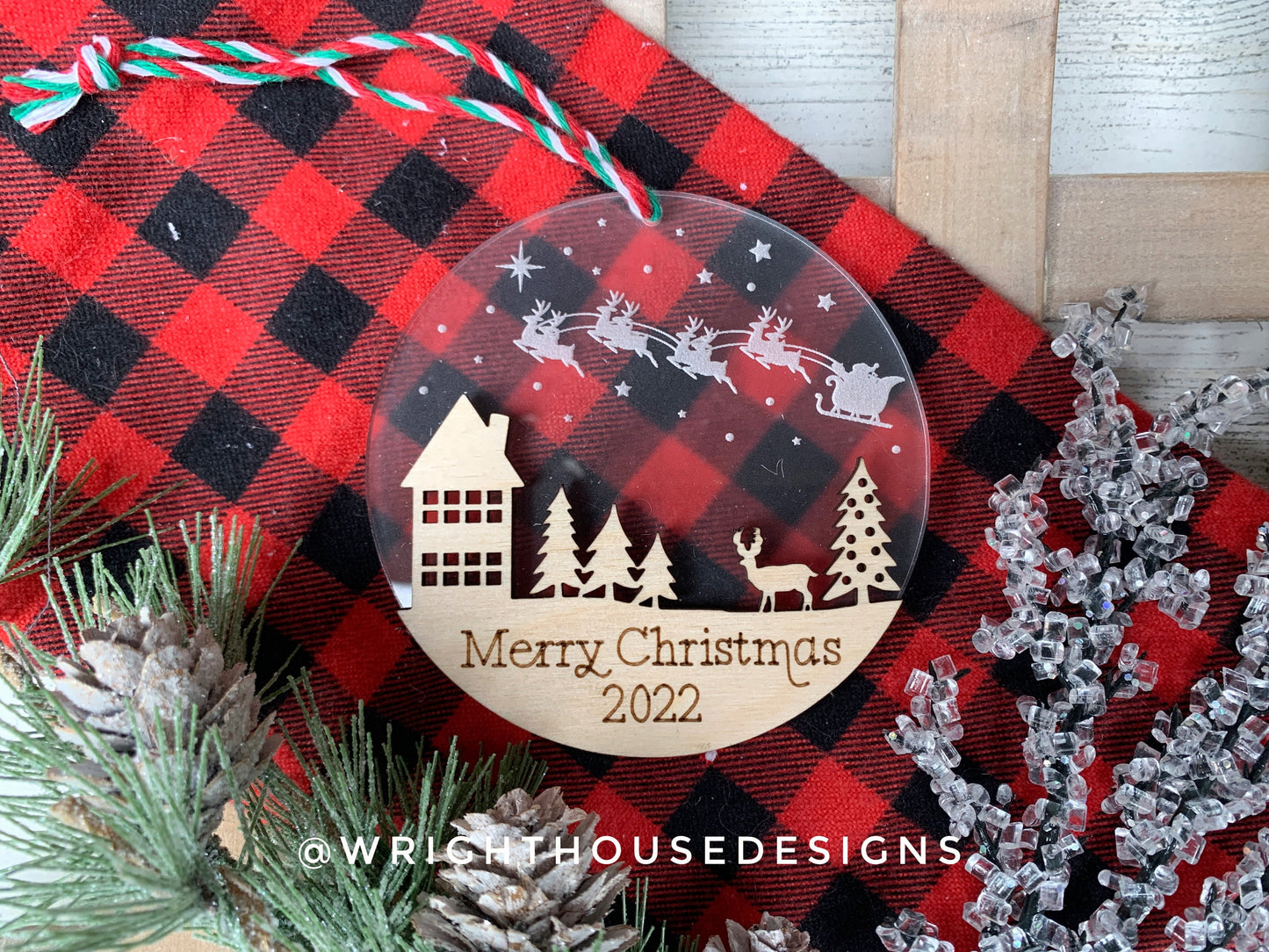 Santa’s Sleigh - Wooded Winter Cabin Scene - Yearly Christmas Eve Tree Ornament - Layered Wood and Acrylic - Stocking Tag - Holiday Decor