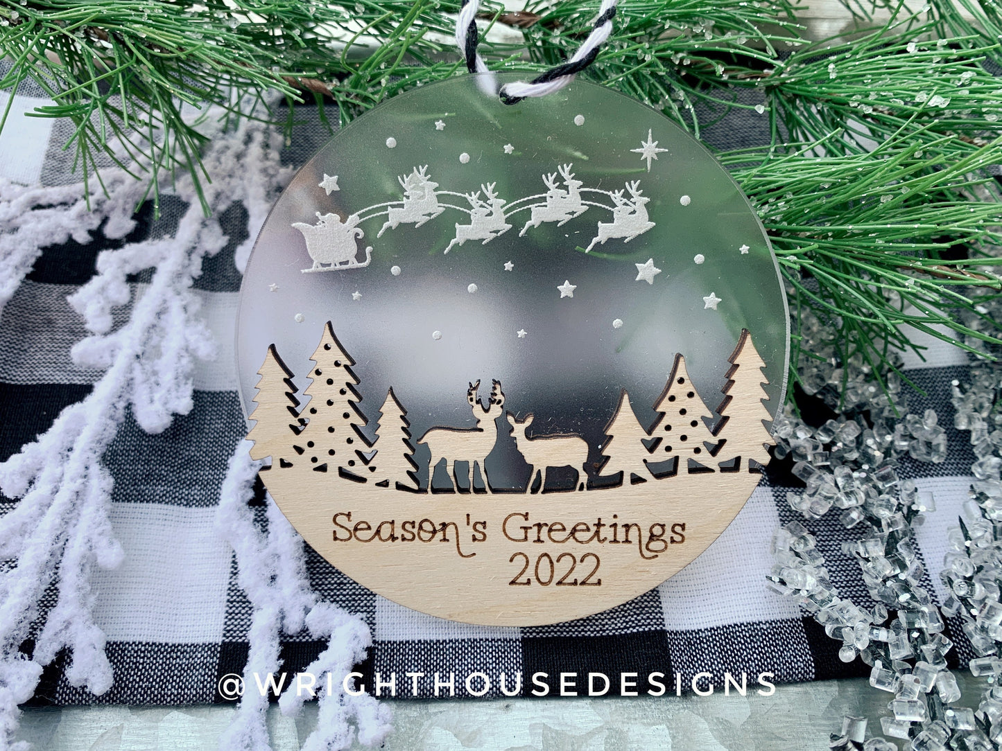 Santa’s Sleigh - Winter Woodland Deer Scene - Yearly Christmas Eve Tree Ornament - Layered Wood and Acrylic - Stocking Tag - Holiday Decor