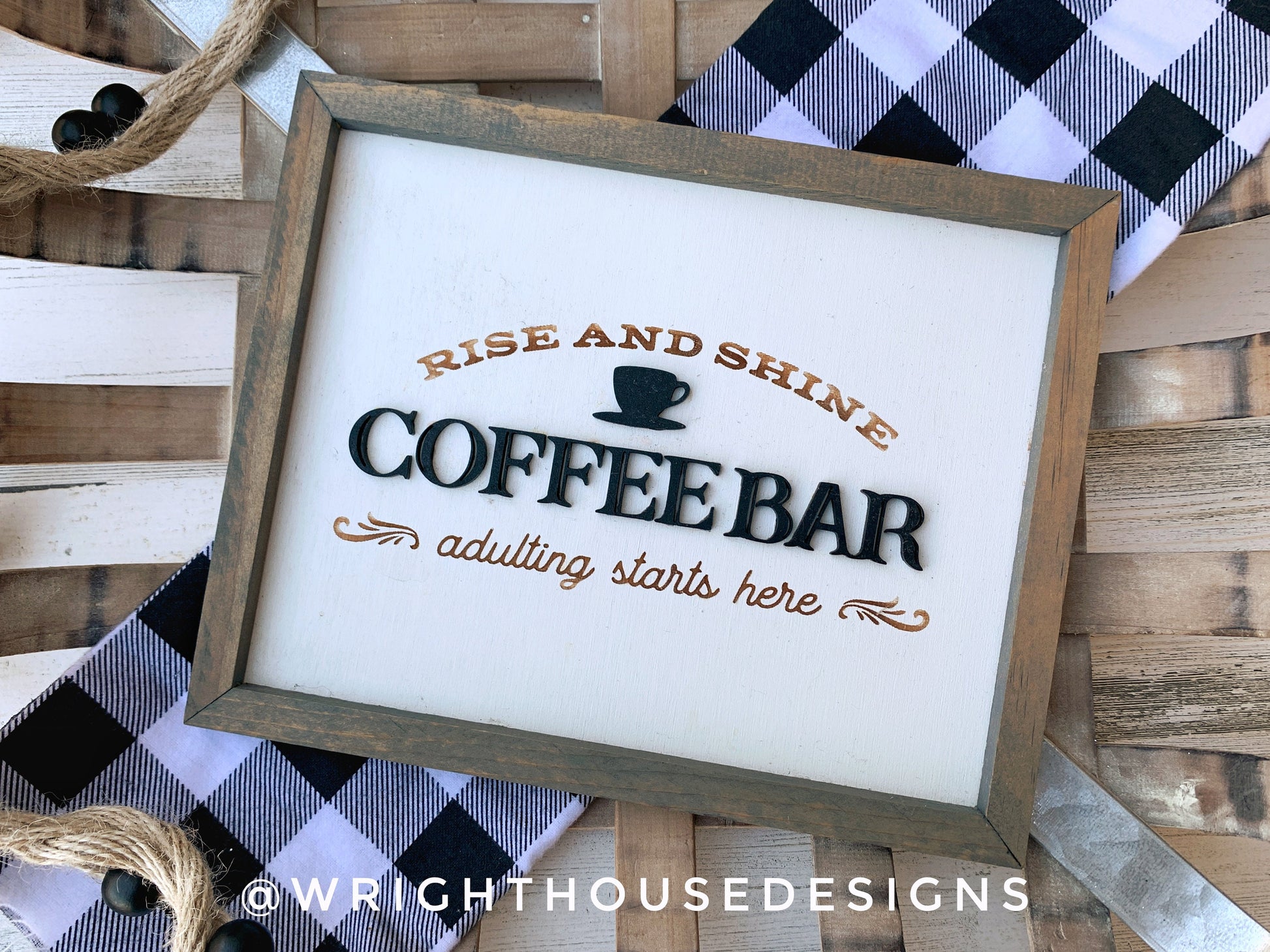 Rise and Shine Adulting Starts Here - Funny Coffee Bar Sign - Country Farmhouse Home and Kitchen Decor - Handcrafted Wooden Framed Wall Art