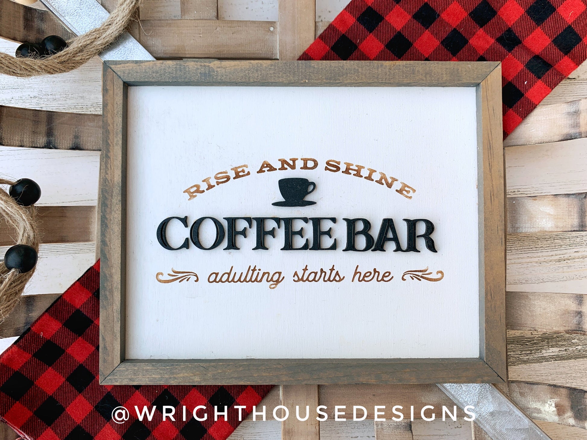 Rise and Shine Adulting Starts Here - Funny Coffee Bar Sign - Country Farmhouse Home and Kitchen Decor - Handcrafted Wooden Framed Wall Art