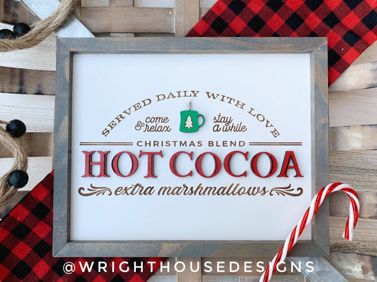 Christmas Blend Hot Cocoa Served With Love - Coffee Bar Sign - Seasonal Home and Kitchen Decor - Handcrafted Wooden Mitered Framed Wall Art