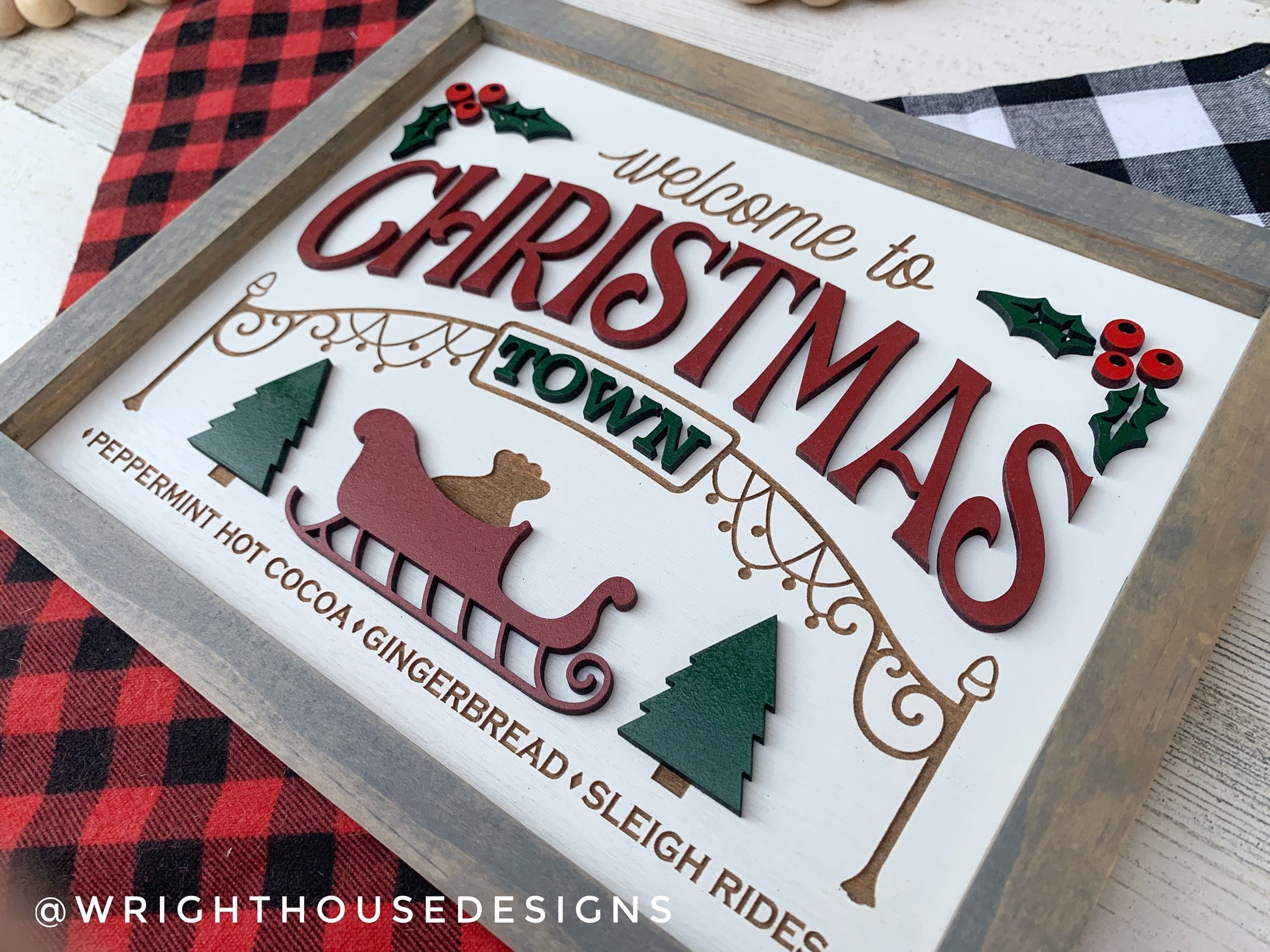 Welcome to Christmas Town - Cocoa, Gingerbread, Sleigh Rides - Seasonal Home and Kitchen Decor - Handcrafted Wooden Mitered Framed Wall Art