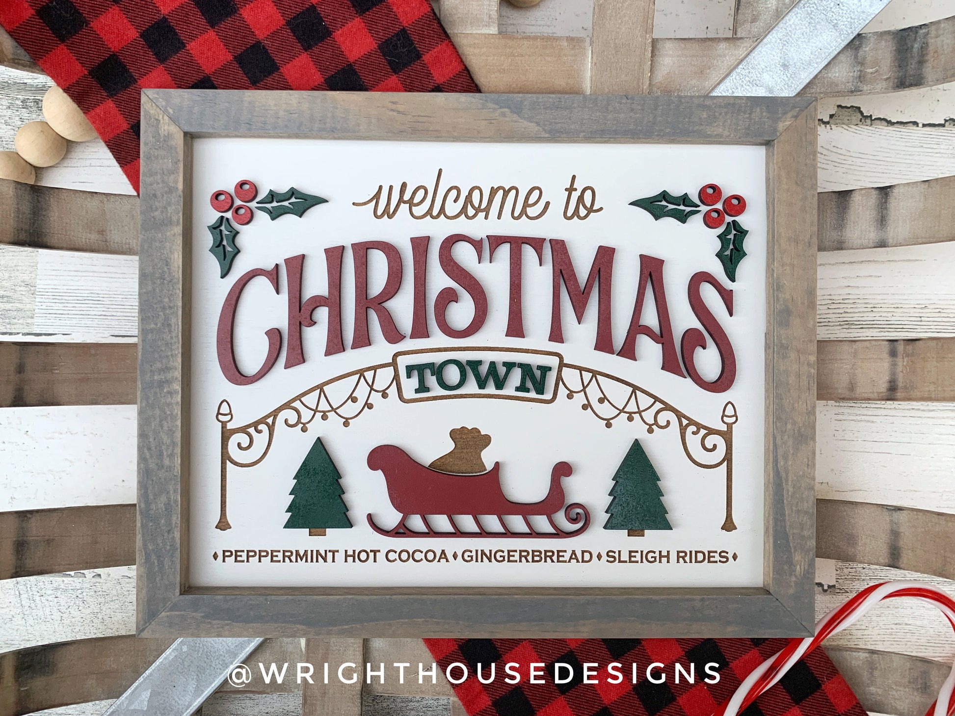 Welcome to Christmas Town - Cocoa, Gingerbread, Sleigh Rides - Seasonal Home and Kitchen Decor - Handcrafted Wooden Mitered Framed Wall Art