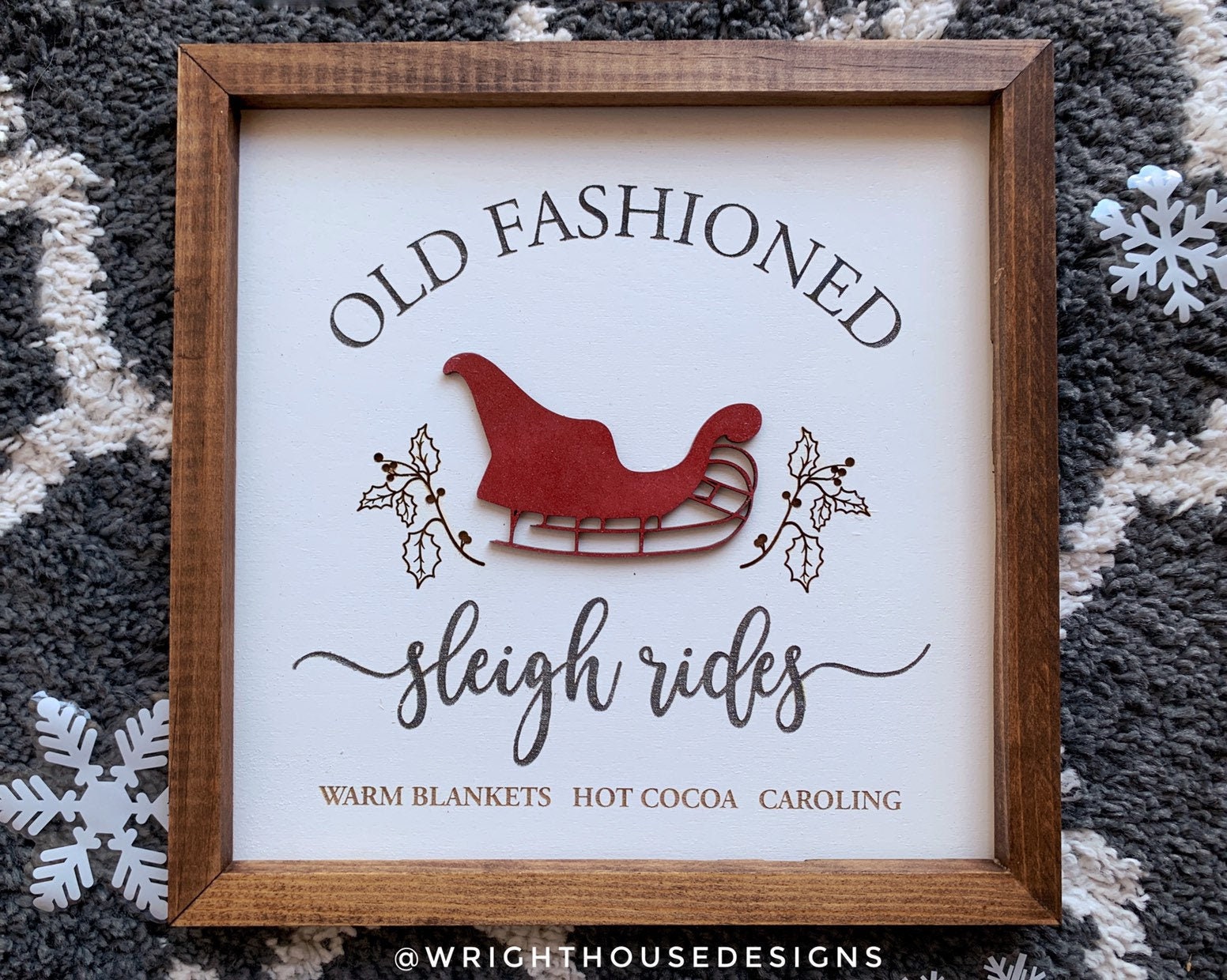 Old Fashioned Sleigh Rides - Coffee Bar Sign - Seasonal Home and Kitchen Decor - Winter Cottagecore Framed Wall Art - Christmas Decorations