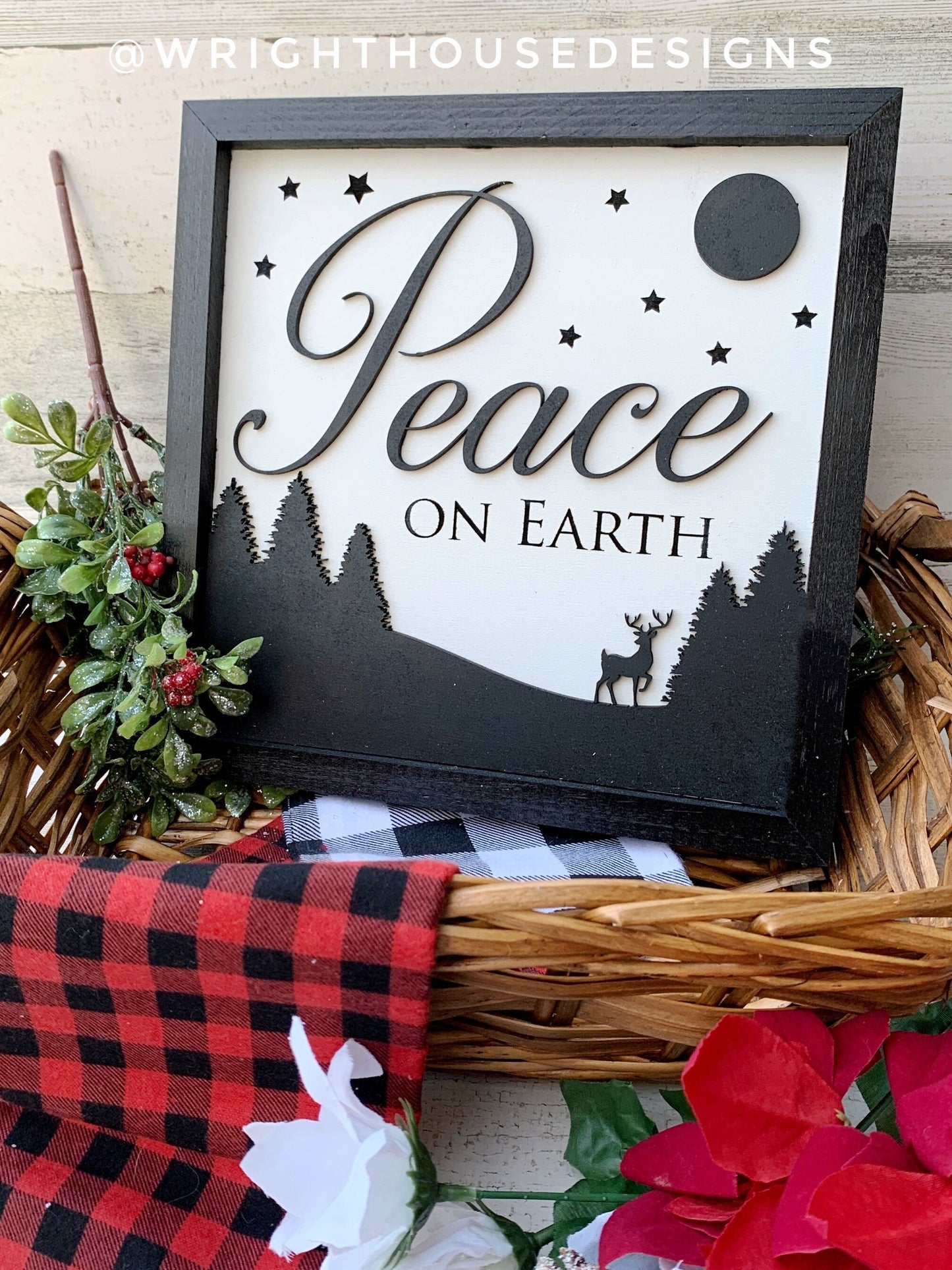 Peace On Earth - Christmas Coffee Bar Sign - Seasonal Home and Kitchen Decor - Handcrafted Wooden Framed Wall Art - Holiday Decorations