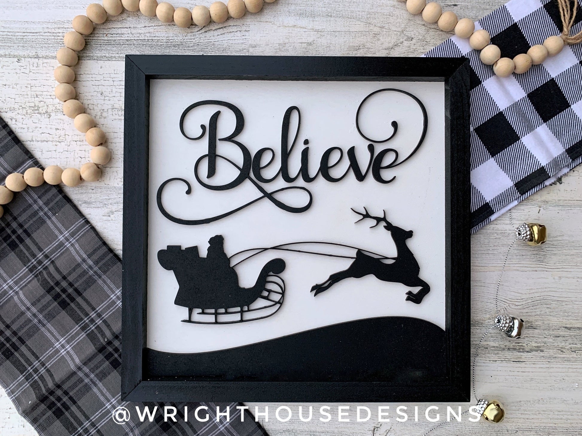 Believe Santa Sleigh - Christmas Coffee Bar Sign - Seasonal Home and Kitchen Decor - Handcrafted Wooden Frame Wall Art - Holiday Decorations