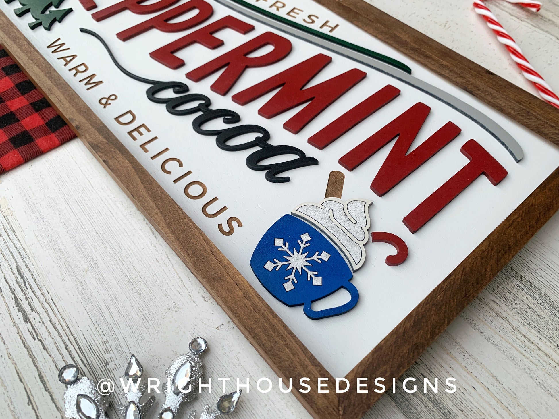 Peppermint Hot Cocoa - Christmas Coffee Bar Sign - Seasonal Home and Kitchen Decor - Handcrafted Wooden Framed Wall Art - Holiday Decoration