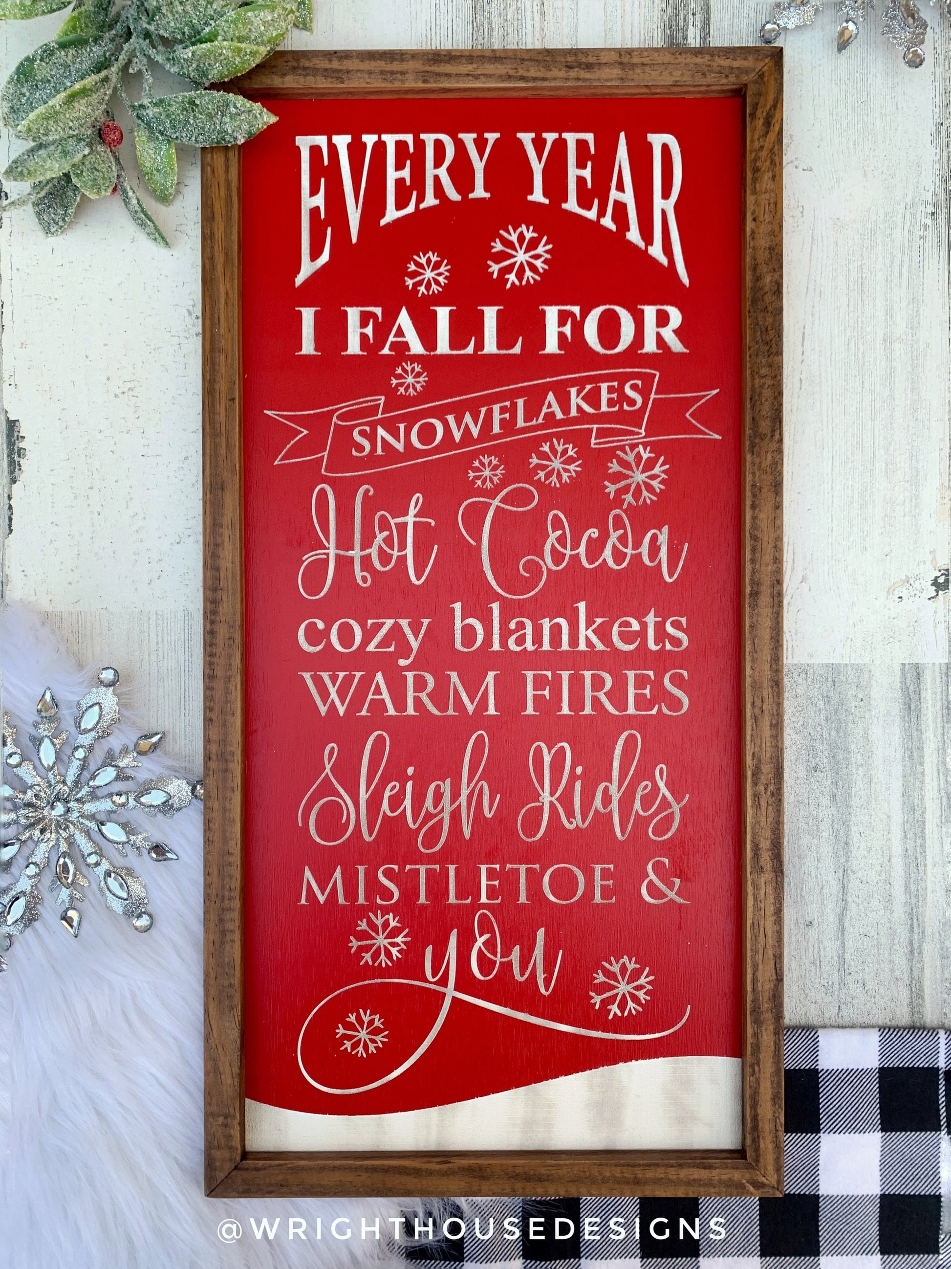 Every Year I Fall For Mistletoe and You - Warm and Cozy Christmas Coffee Bar Sign - Seasonal Winter Home Decor - Framed Wall Art - Wood Sign