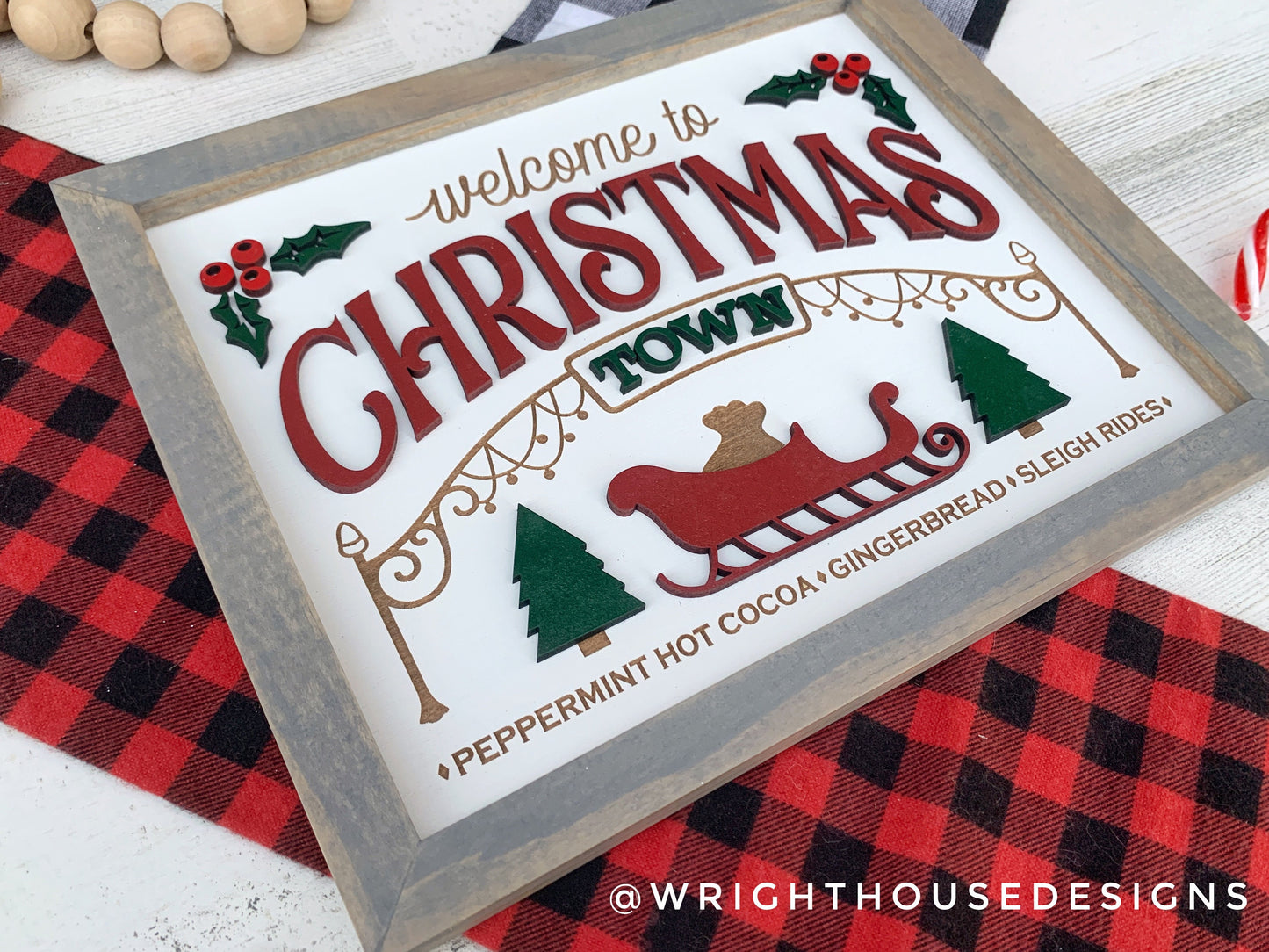 Welcome to Christmas Town - Cocoa, Gingerbread, Sleigh Rides - Seasonal Home and Kitchen Decor - Handcrafted Wooden Mitered Framed Wall Art