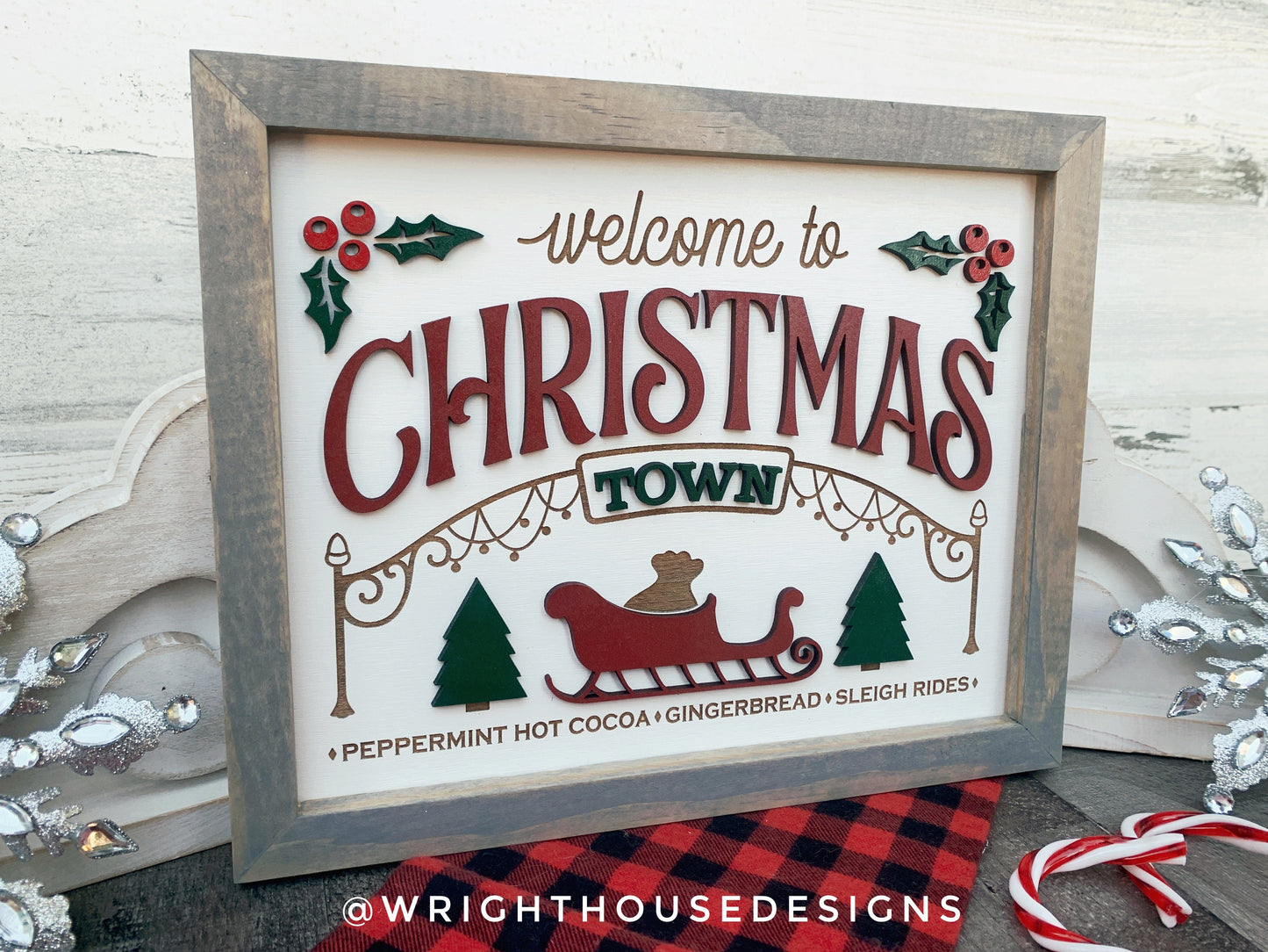 Welcome to Christmas Town - Cocoa, Gingerbread, Sleigh Rides - Seasonal Home and Kitchen Decor - Handcrafted Wooden Mitered Framed Wall Art