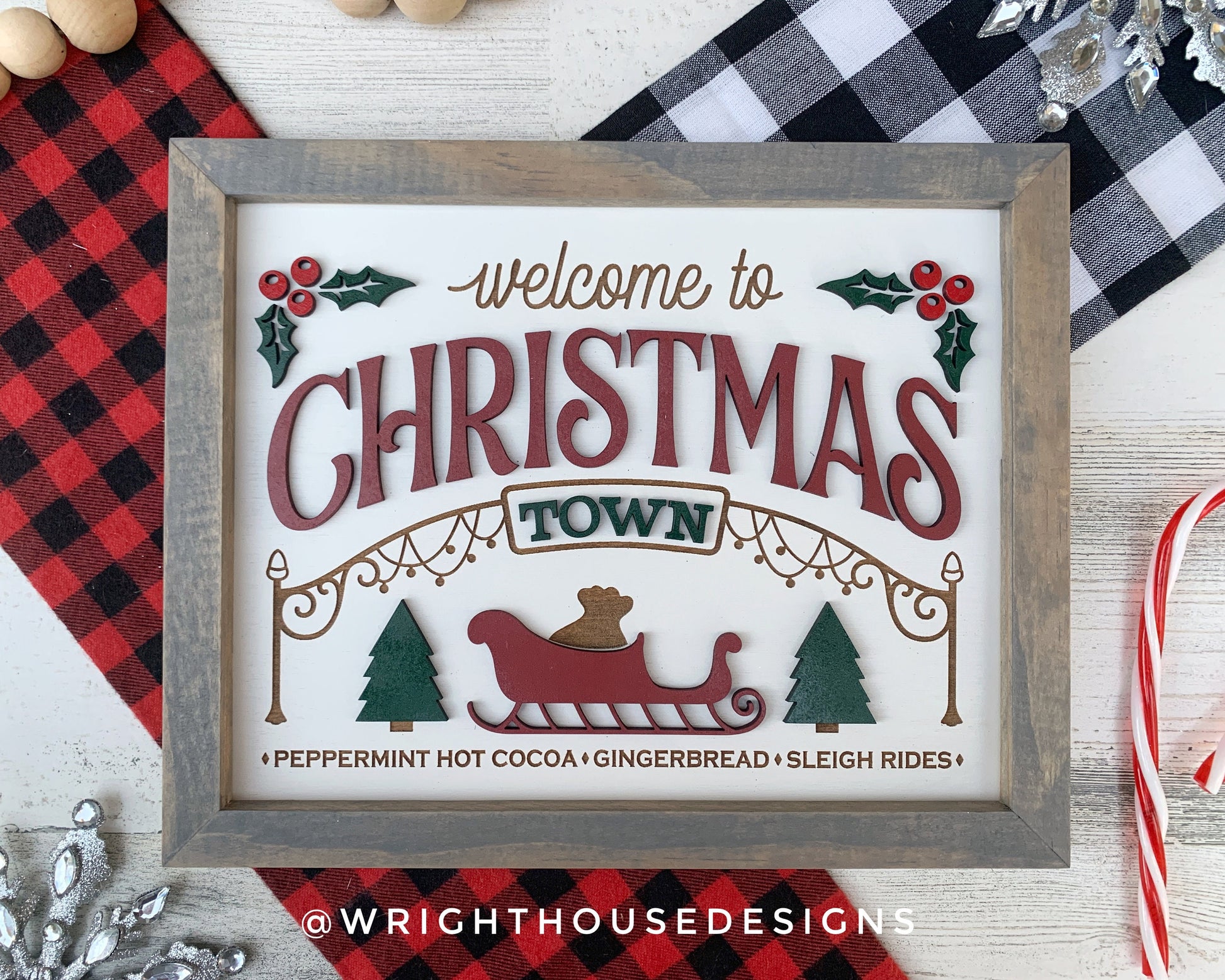 Welcome to Christmas Town - Cocoa, Gingerbread, Sleigh Rides - Seasonal Home and Kitchen Decor - Handcrafted Wooden Mitered Framed Wall Art