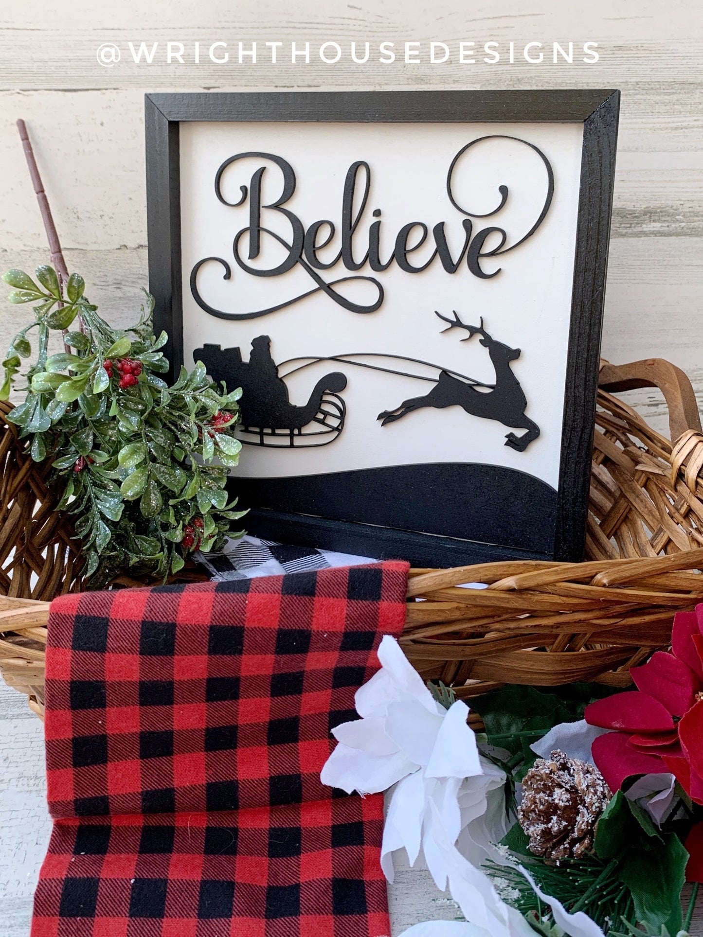 Believe Santa Sleigh - Christmas Coffee Bar Sign - Seasonal Home and Kitchen Decor - Handcrafted Wooden Frame Wall Art - Holiday Decorations