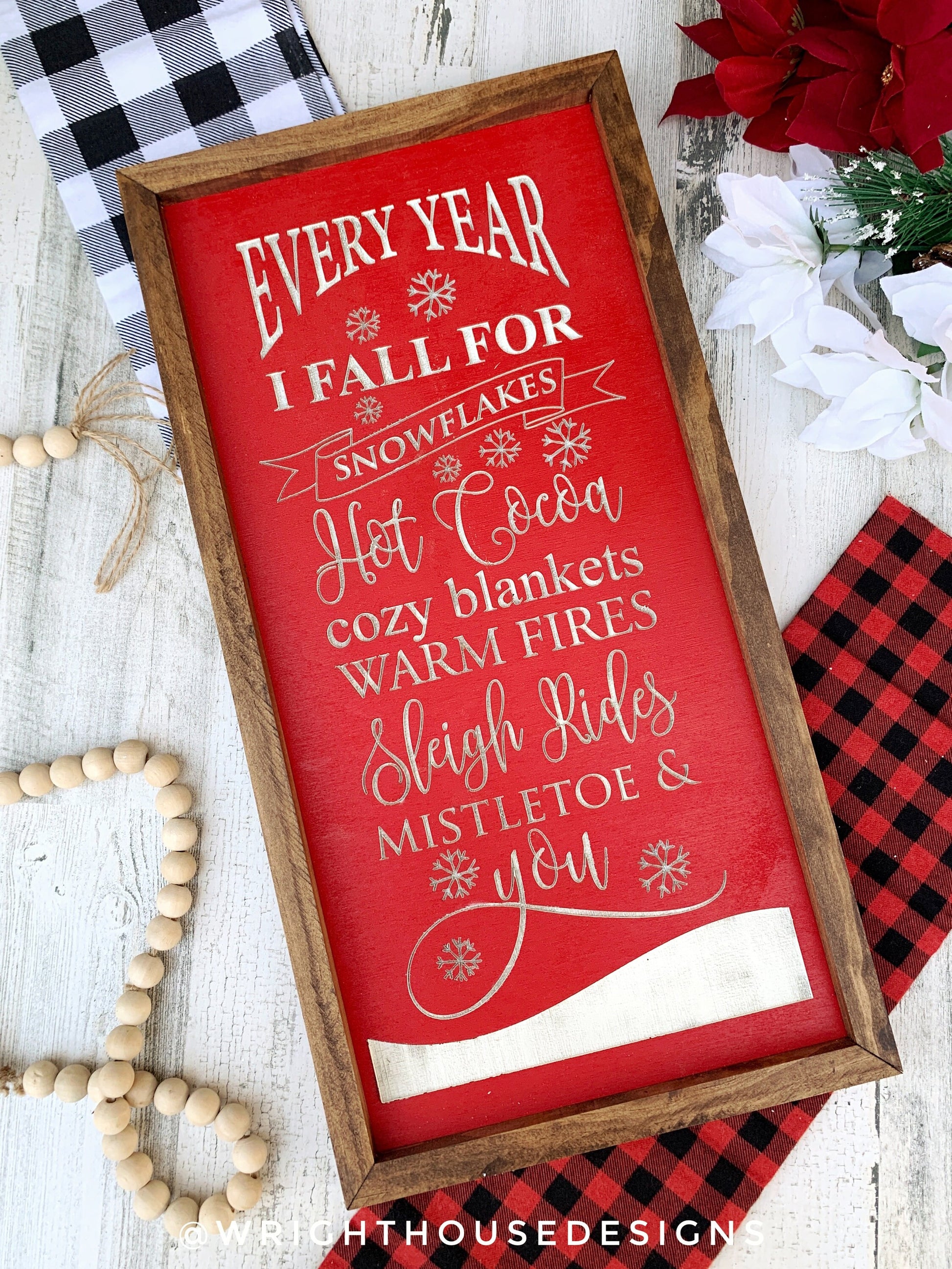 Every Year I Fall For Mistletoe and You - Warm and Cozy Christmas Coffee Bar Sign - Seasonal Winter Home Decor - Framed Wall Art - Wood Sign