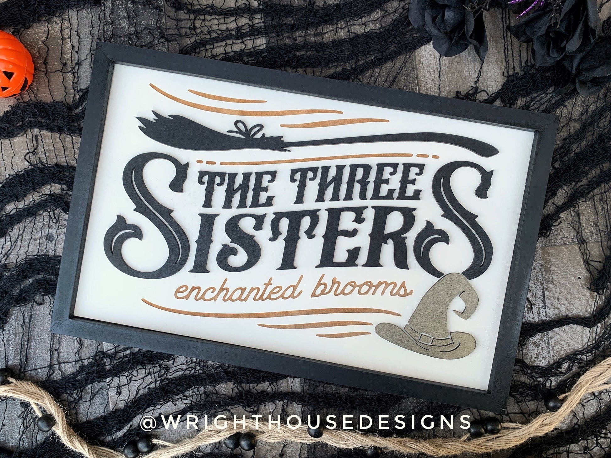 The Three Sisters Brooms - Rustic Halloween Witchy Wall Sign - Goth Wall Art - Dark Academia Mantel Decor - Spooky Season Coffee Bar Sign