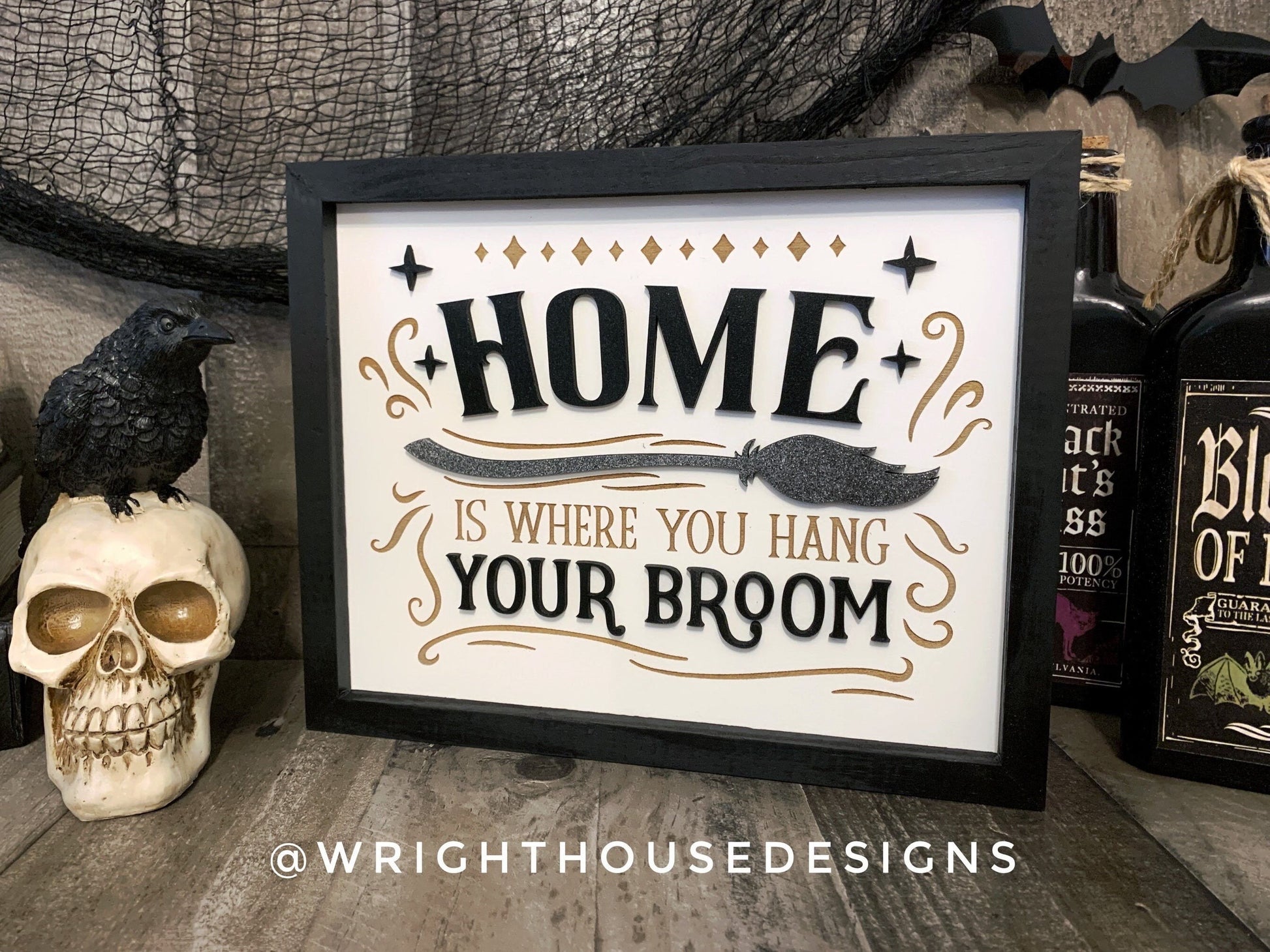 Home is Where You Hang Your Broom - Halloween Witchy Wall Decor - Seasonal Coffee Bar Sign - Dark Cottagecore - Modern Farmhouse Wall Art