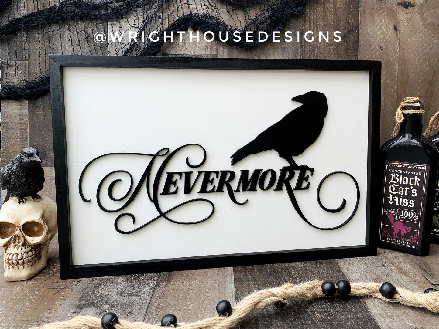 Quoth The Raven Nevermore - Halloween Witchy Home Decor - Seasonal Gothic Coffee Bar Sign - Dark Academia - Handcrafted Framed Goth Wall Art