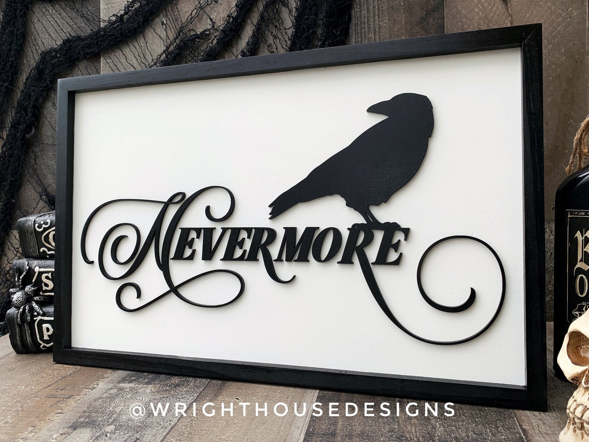 Quoth The Raven Nevermore - Halloween Witchy Home Decor - Seasonal Gothic Coffee Bar Sign - Dark Academia - Handcrafted Framed Goth Wall Art