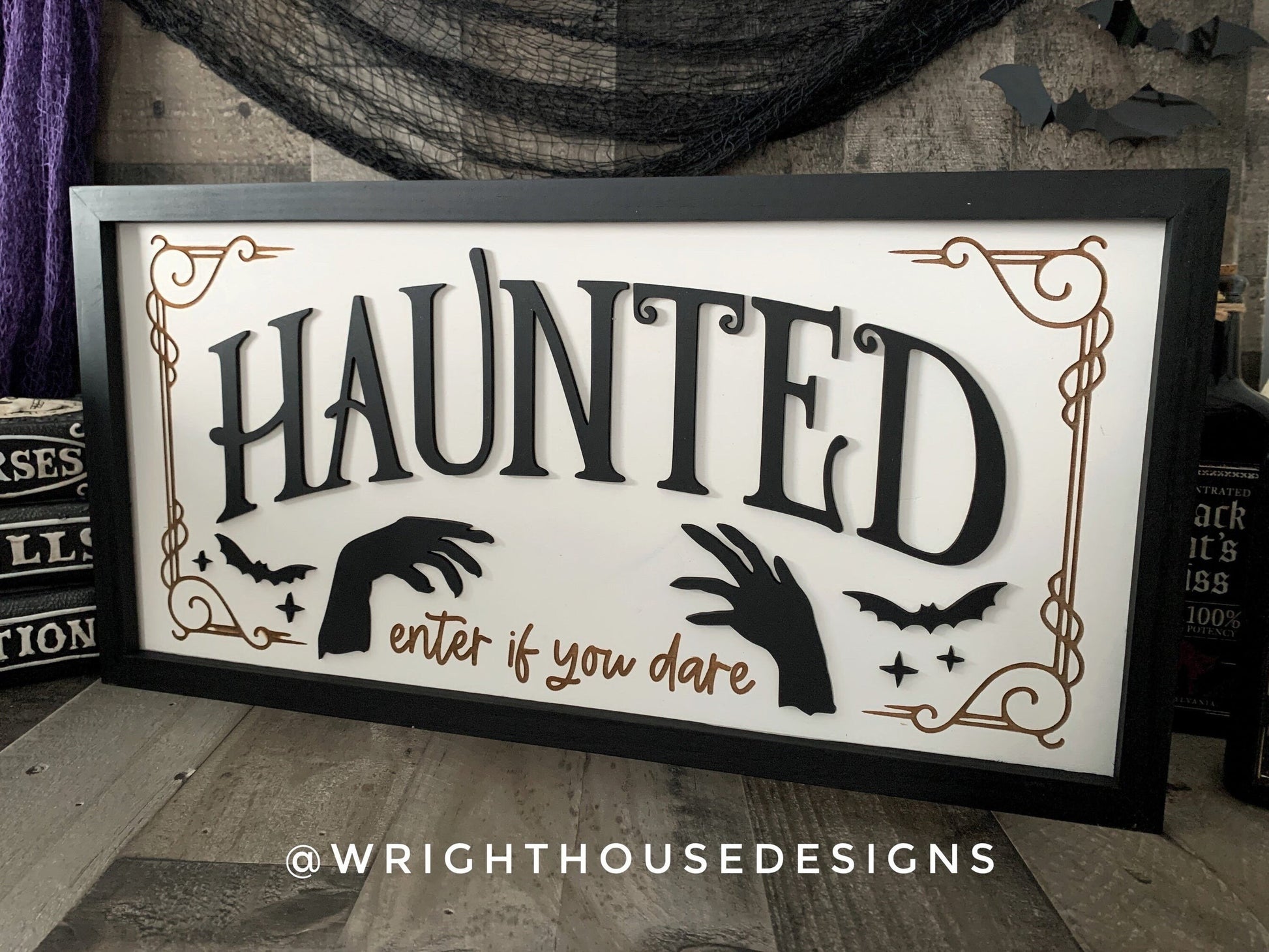 Haunted Enter If You Dare - Halloween Witchy Room Decor - Spooky Season Coffee Bar Sign - Dark Academia - Cottagecore Framed Wooden Wall Art
