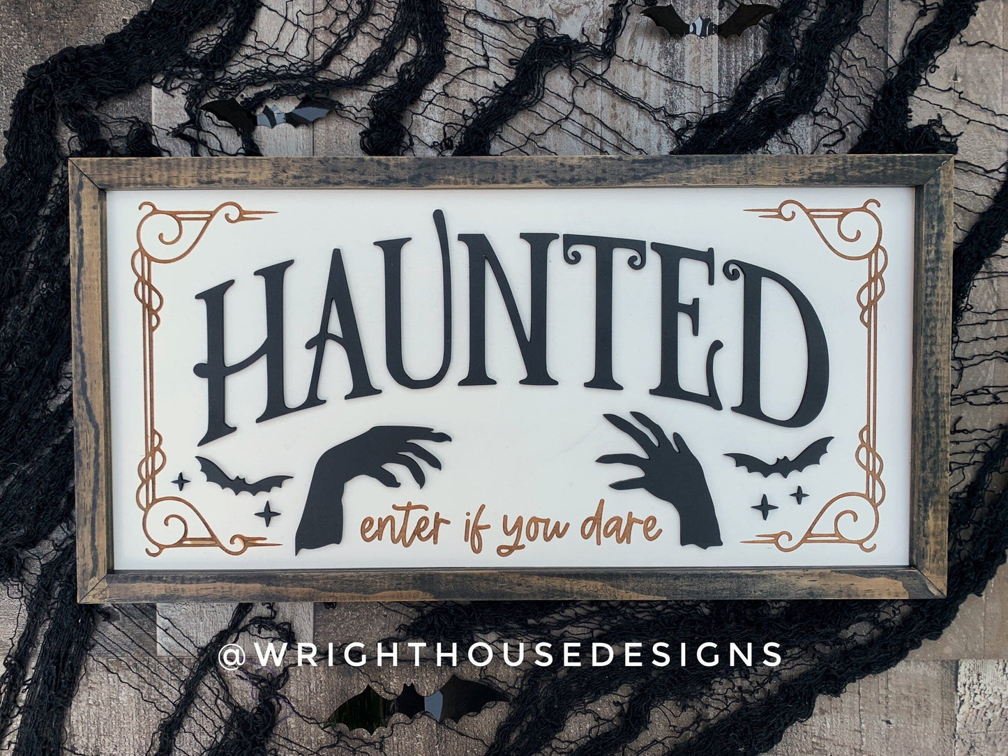 Haunted Enter If You Dare - Halloween Witchy Room Decor - Spooky Season Coffee Bar Sign - Dark Academia - Cottagecore Framed Wooden Wall Art