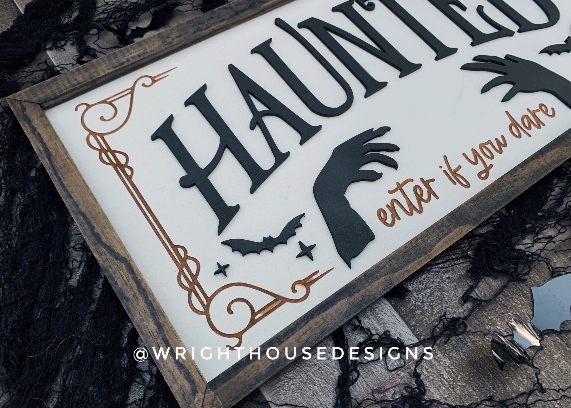 Haunted Enter If You Dare - Halloween Witchy Room Decor - Spooky Season Coffee Bar Sign - Dark Academia - Cottagecore Framed Wooden Wall Art