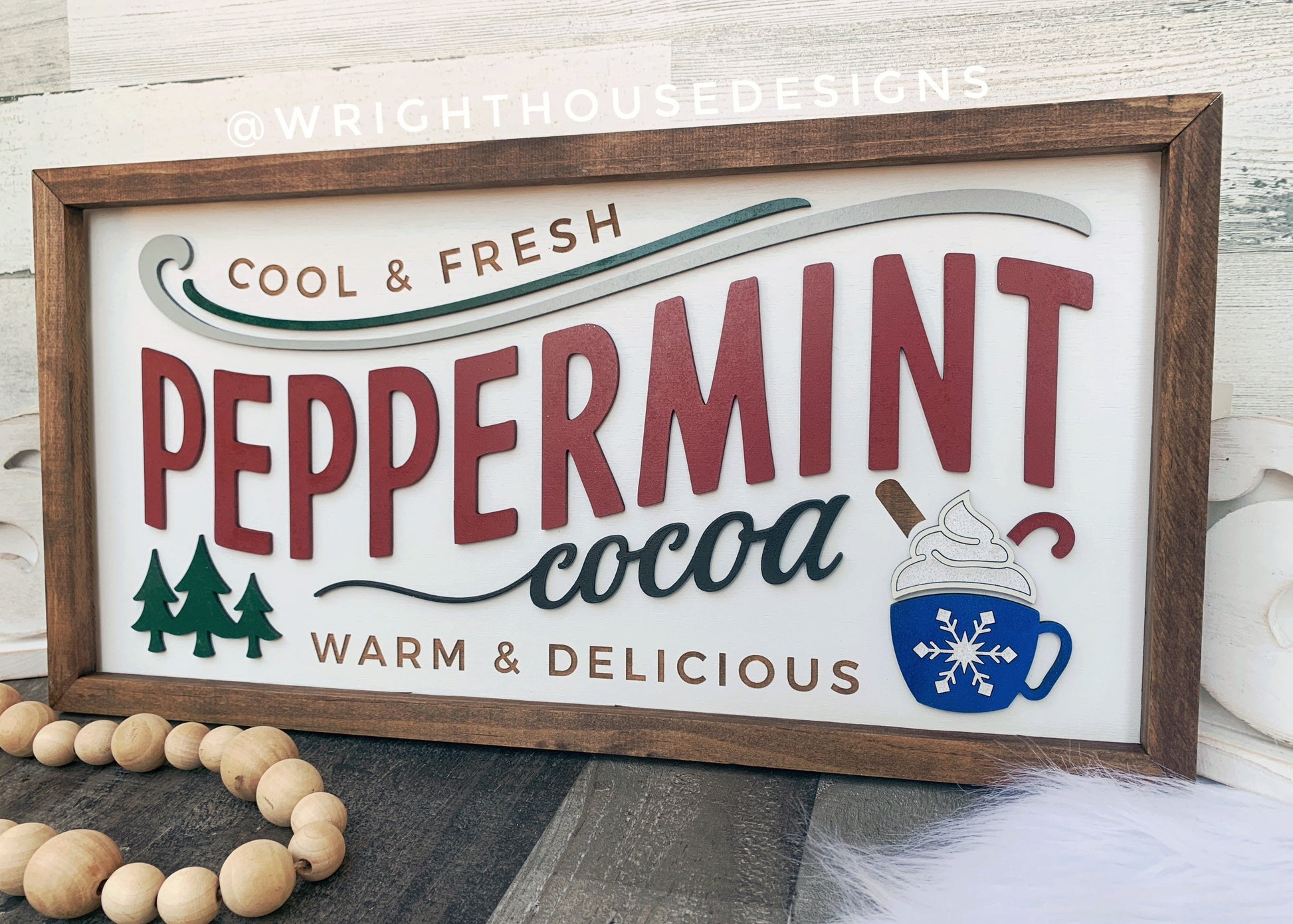 Peppermint Hot Cocoa - Christmas Coffee Bar Sign - Seasonal Home and Kitchen Decor - Handcrafted Wooden Framed Wall Art - Holiday Decoration