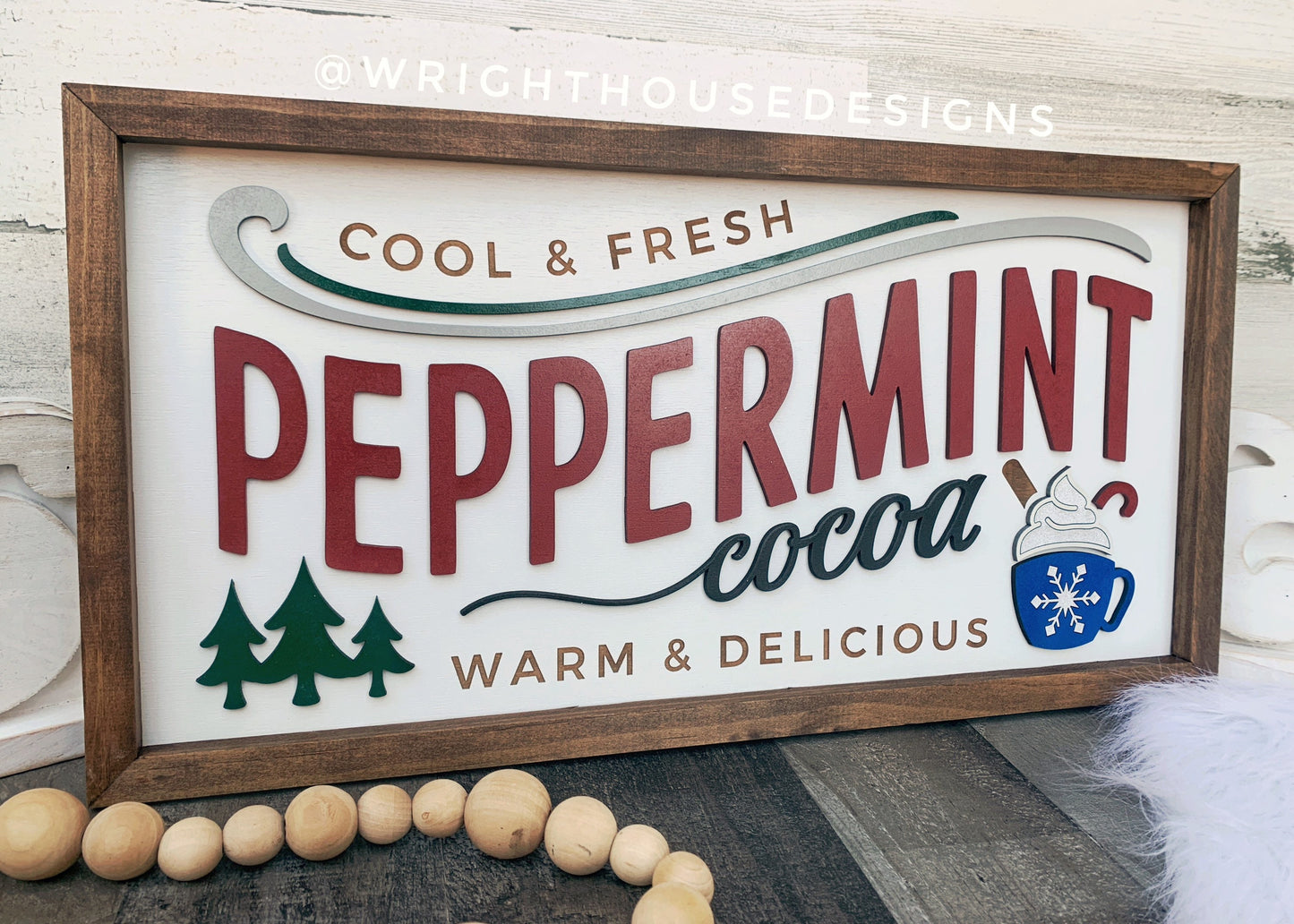 Peppermint Hot Cocoa - Christmas Coffee Bar Sign - Seasonal Home and Kitchen Decor - Handcrafted Wooden Framed Wall Art - Holiday Decoration