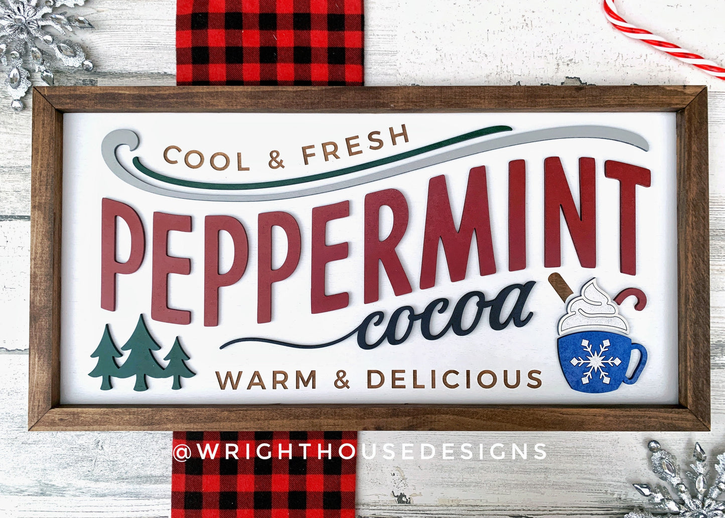 Peppermint Hot Cocoa - Christmas Coffee Bar Sign - Seasonal Home and Kitchen Decor - Handcrafted Wooden Framed Wall Art - Holiday Decoration