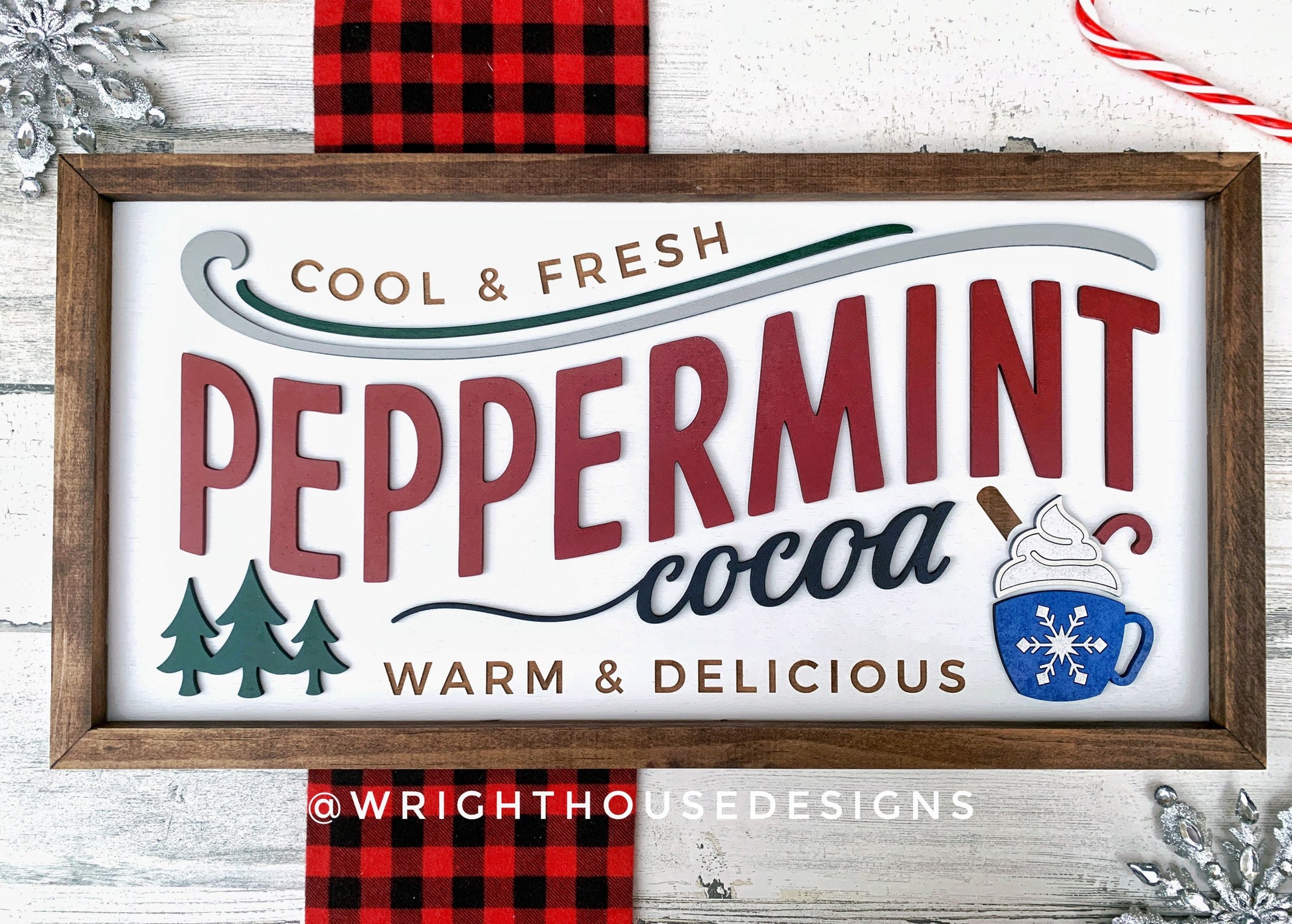 Peppermint Hot Cocoa - Christmas Coffee Bar Sign - Seasonal Home and Kitchen Decor - Handcrafted Wooden Framed Wall Art - Holiday Decoration