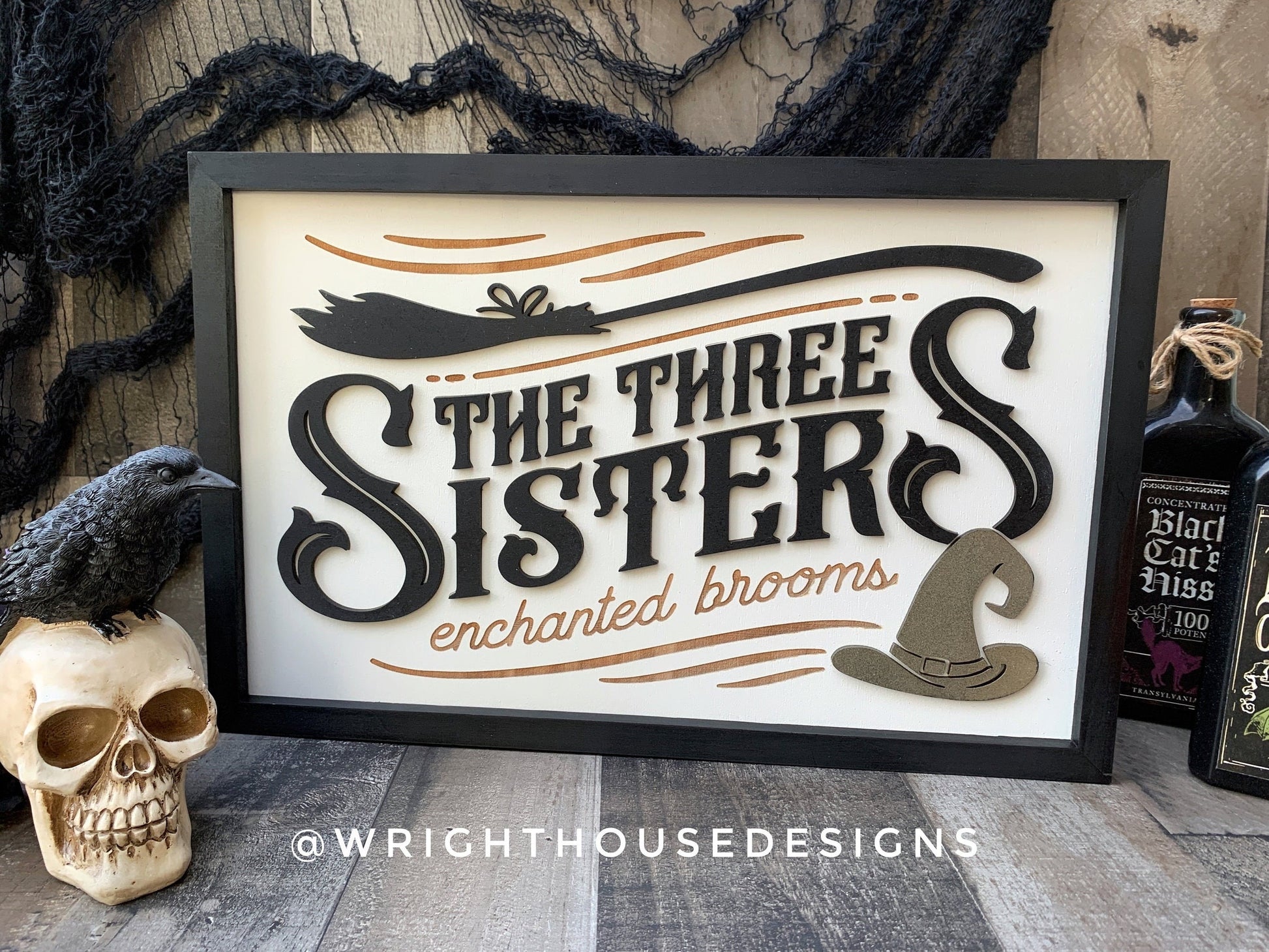 The Three Sisters Brooms - Rustic Halloween Witchy Wall Sign - Goth Wall Art - Dark Academia Mantel Decor - Spooky Season Coffee Bar Sign