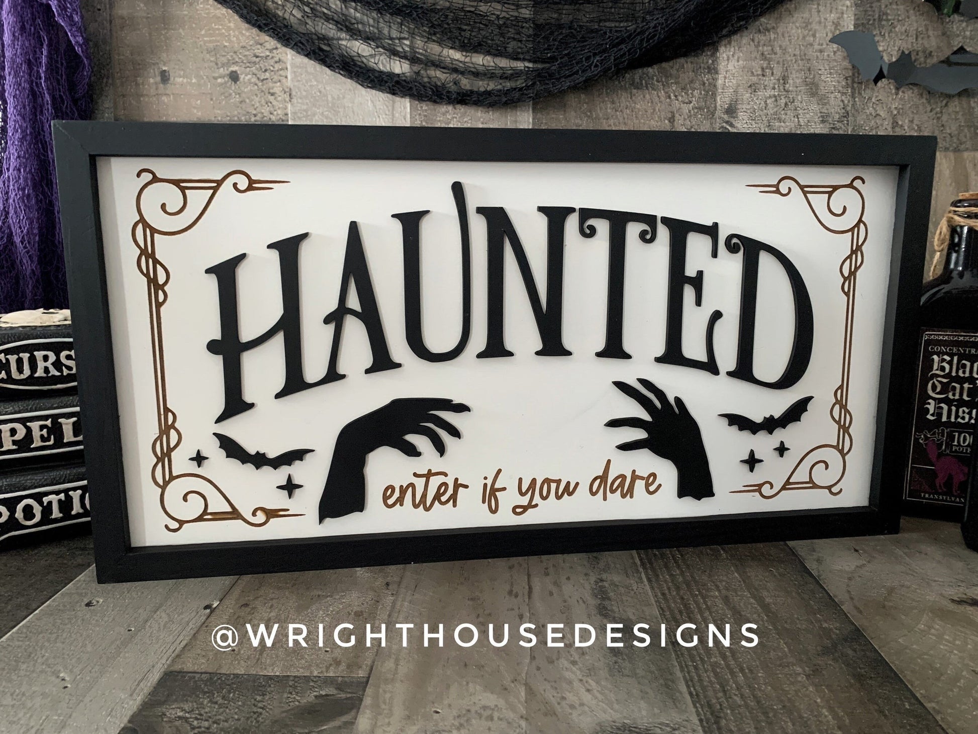 Haunted Enter If You Dare - Halloween Witchy Room Decor - Spooky Season Coffee Bar Sign - Dark Academia - Cottagecore Framed Wooden Wall Art
