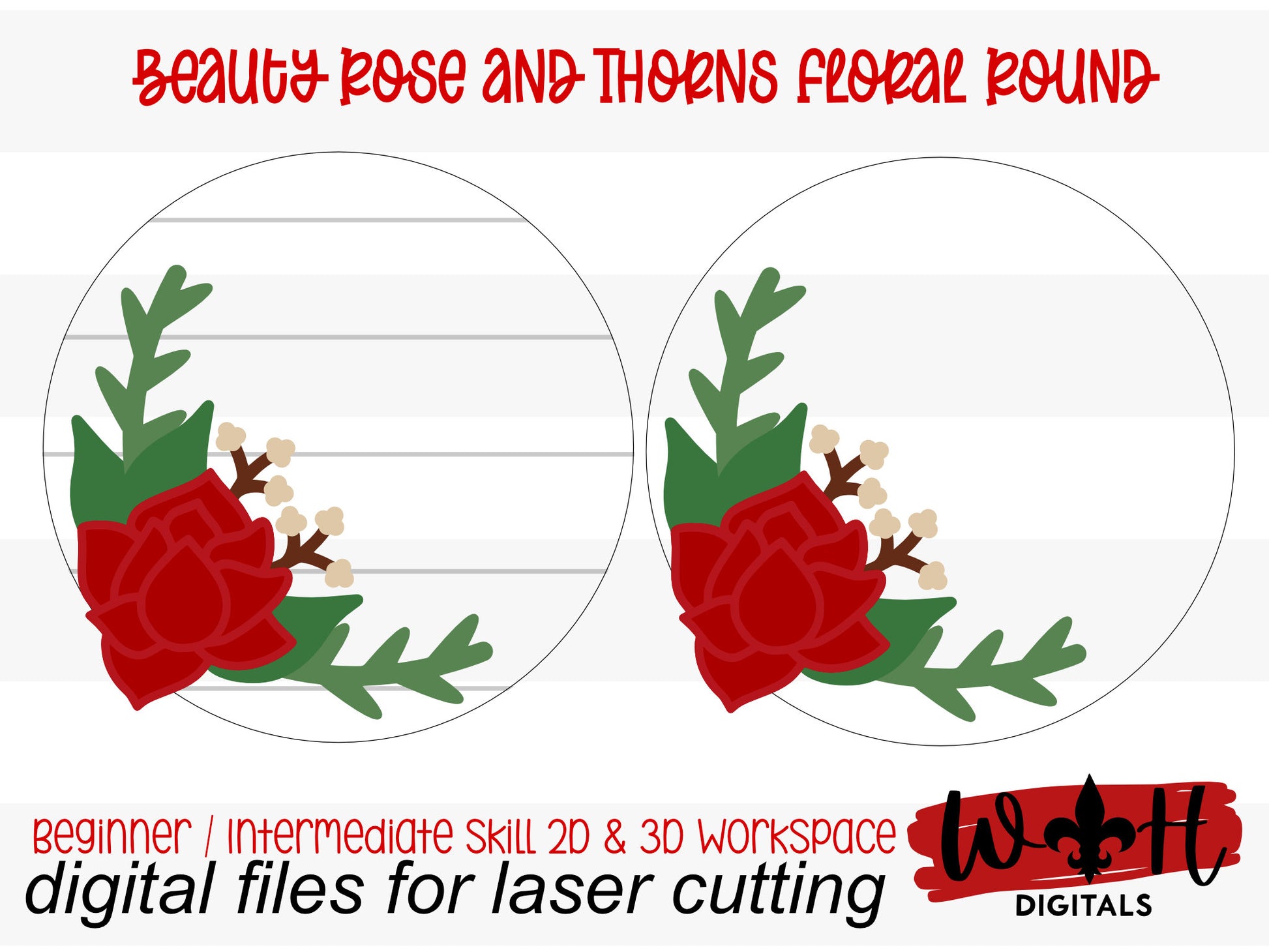 Beauty Rose and Thorns Valentine Door Hanger Round - Floral Sign Making and DIY Kits - Cut File For Glowforge Laser - Digital SVG File