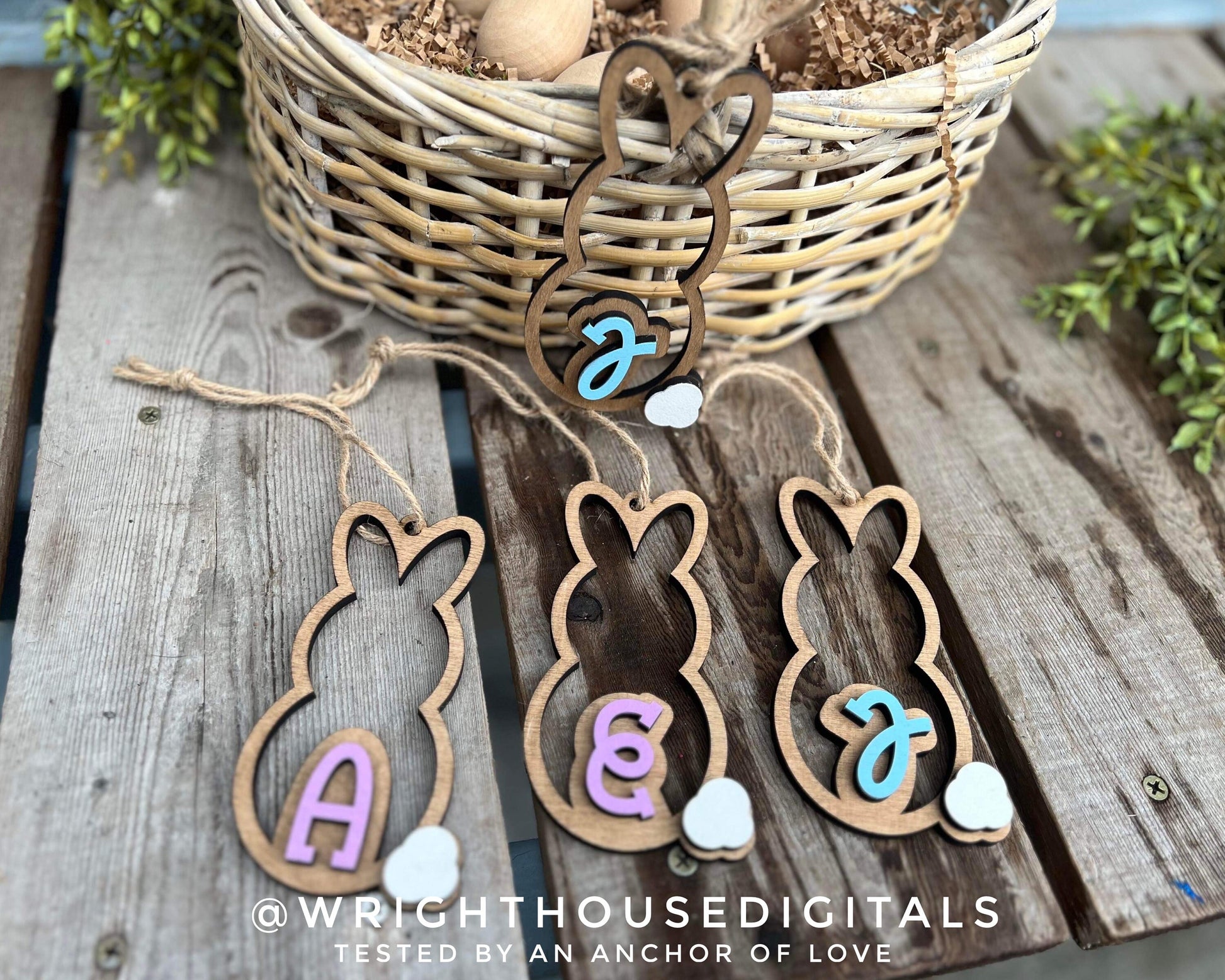 Easter Bunny Monogram Basket Tags Bundle - Seasonal Tiered Tray Decor and DIY Kits - Quick Cut File For Glowforge Lasers - Digital SVG File