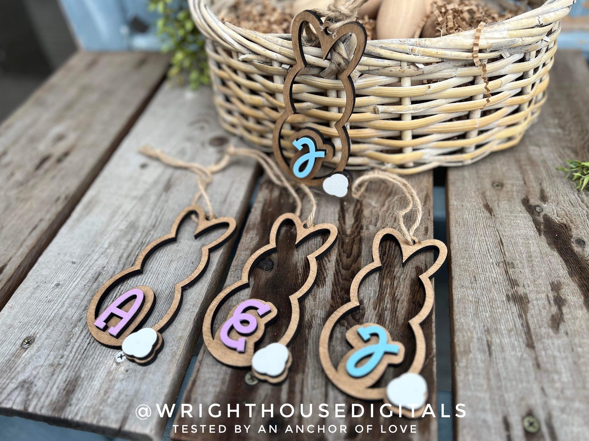 Easter Bunny Monogram Basket Tags Bundle - Seasonal Tiered Tray Decor and DIY Kits - Quick Cut File For Glowforge Lasers - Digital SVG File