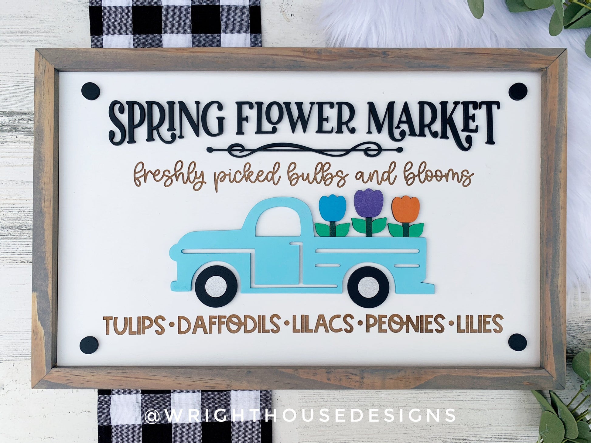 Spring Flower Market - Coffee Bar Sign - Seasonal Farmhouse Home and Kitchen Decor - Handcrafted Wooden Frame Wall Art - Easter Decorations